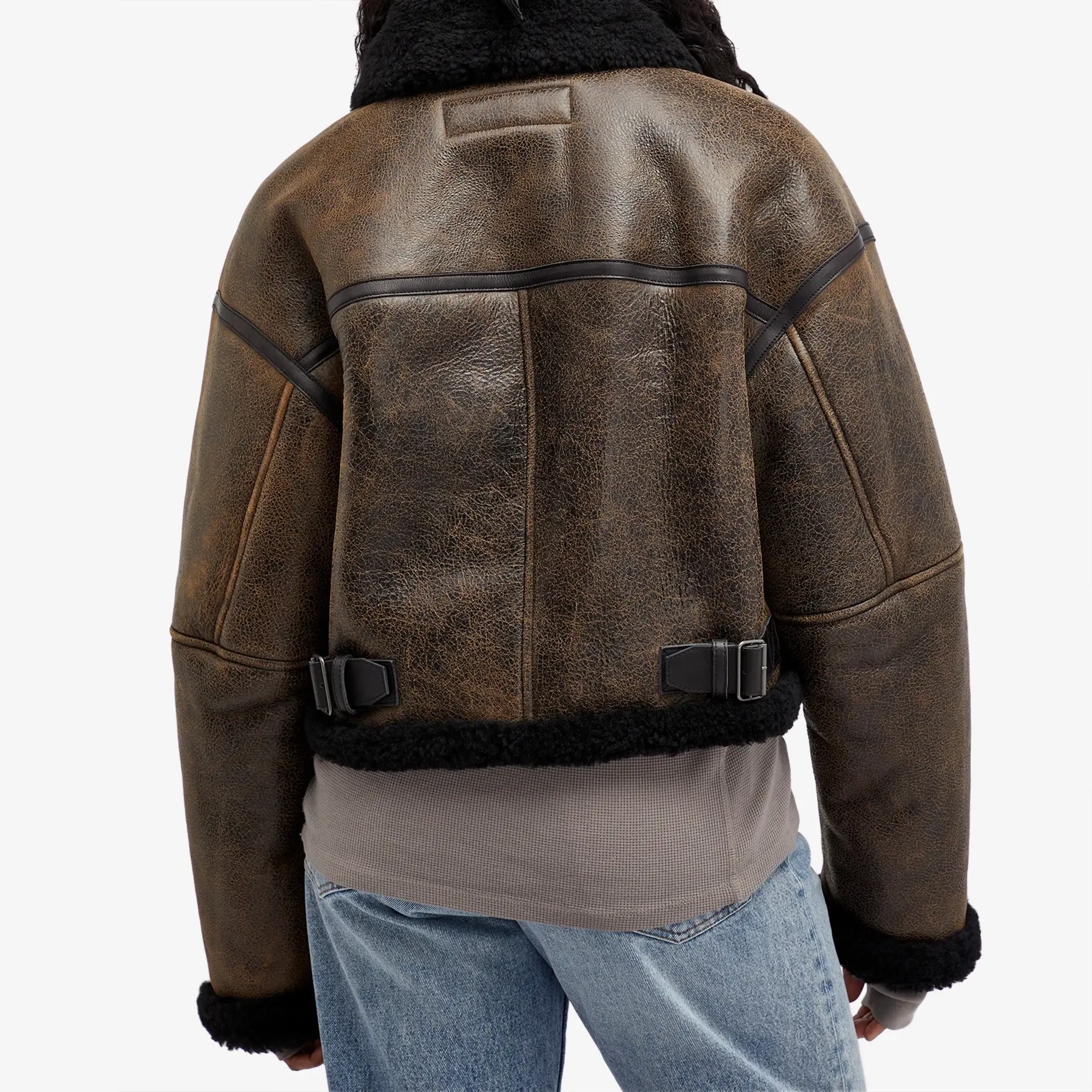 Acne Studios Women's Leather Shearling Jacket Dark Brown&Black