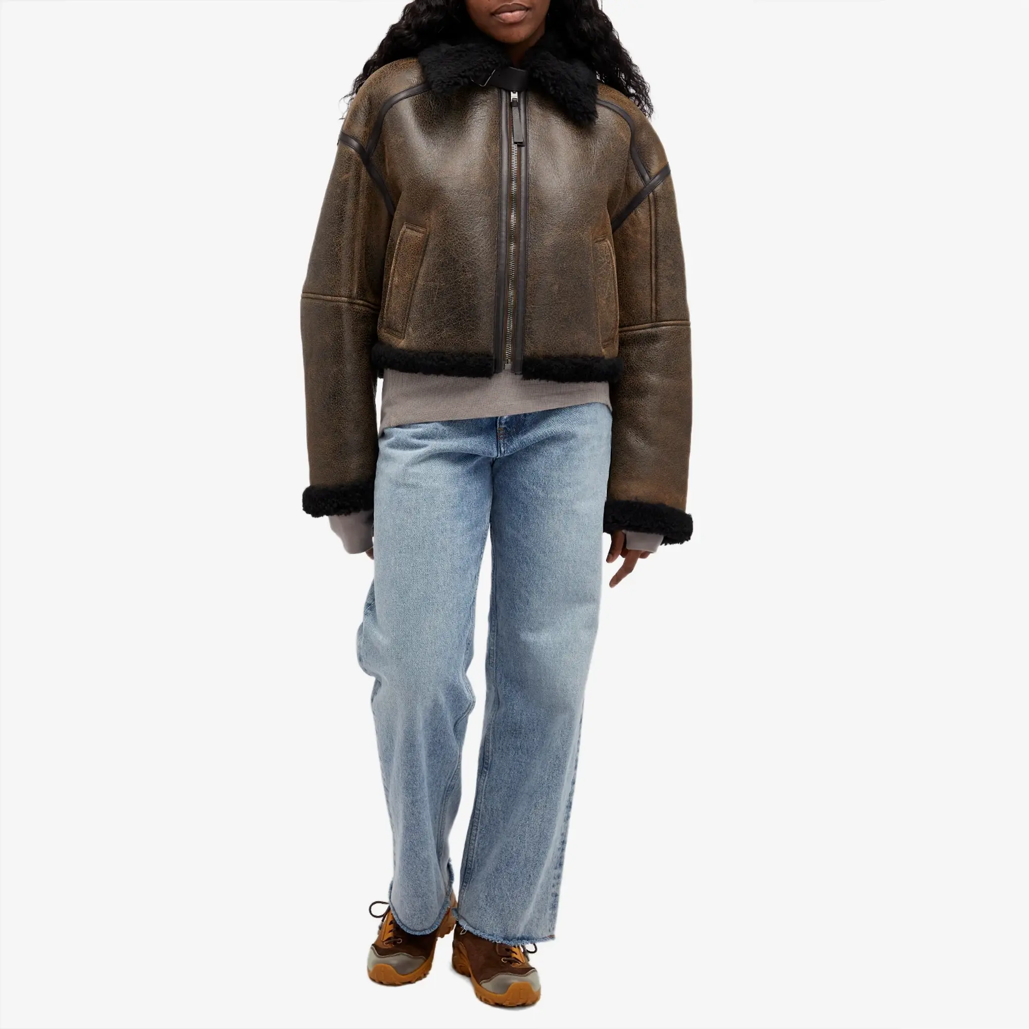Acne Studios Women's Leather Shearling Jacket Dark Brown&Black