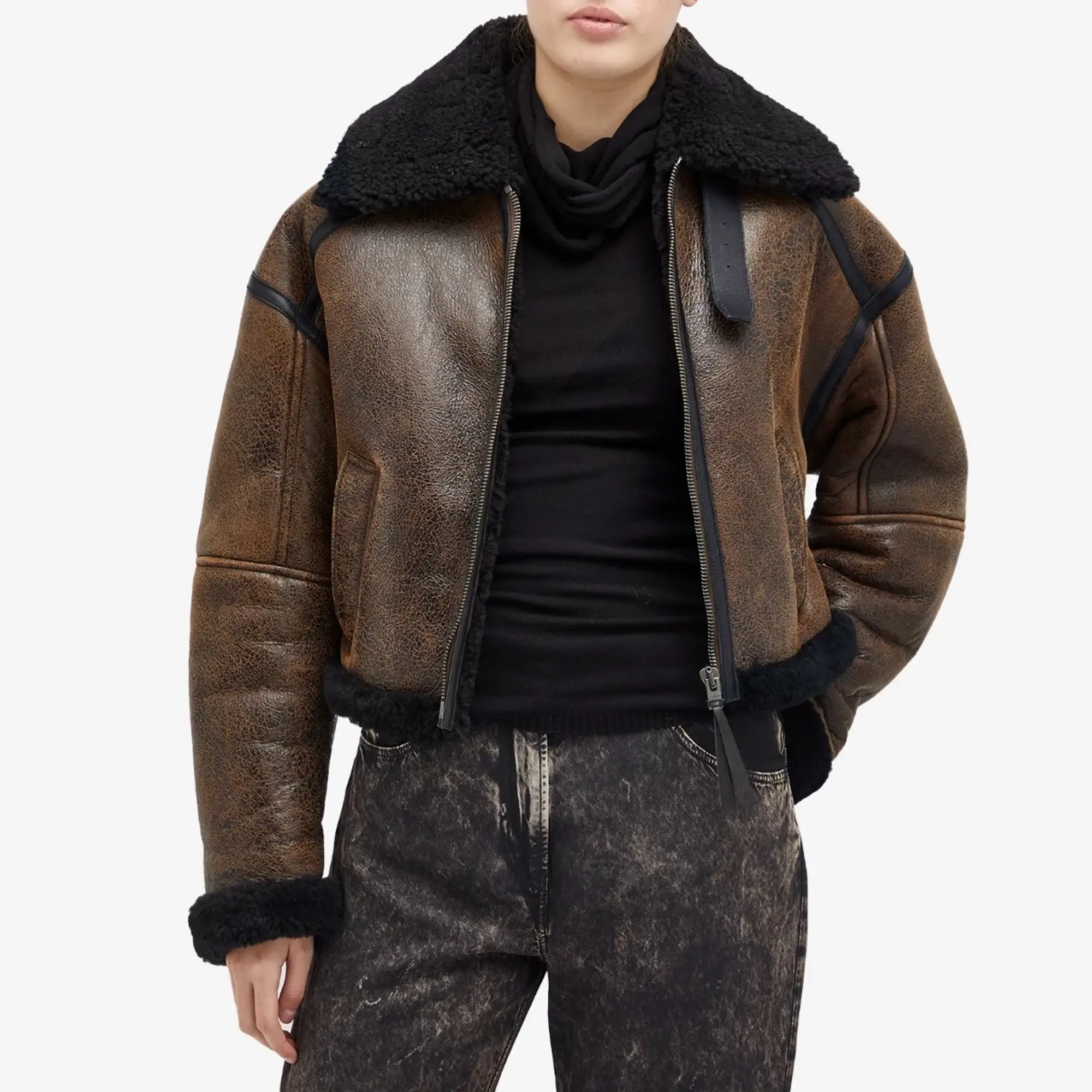 Acne Studios Women's Leather Shearling Jacket Dark Brown&Black