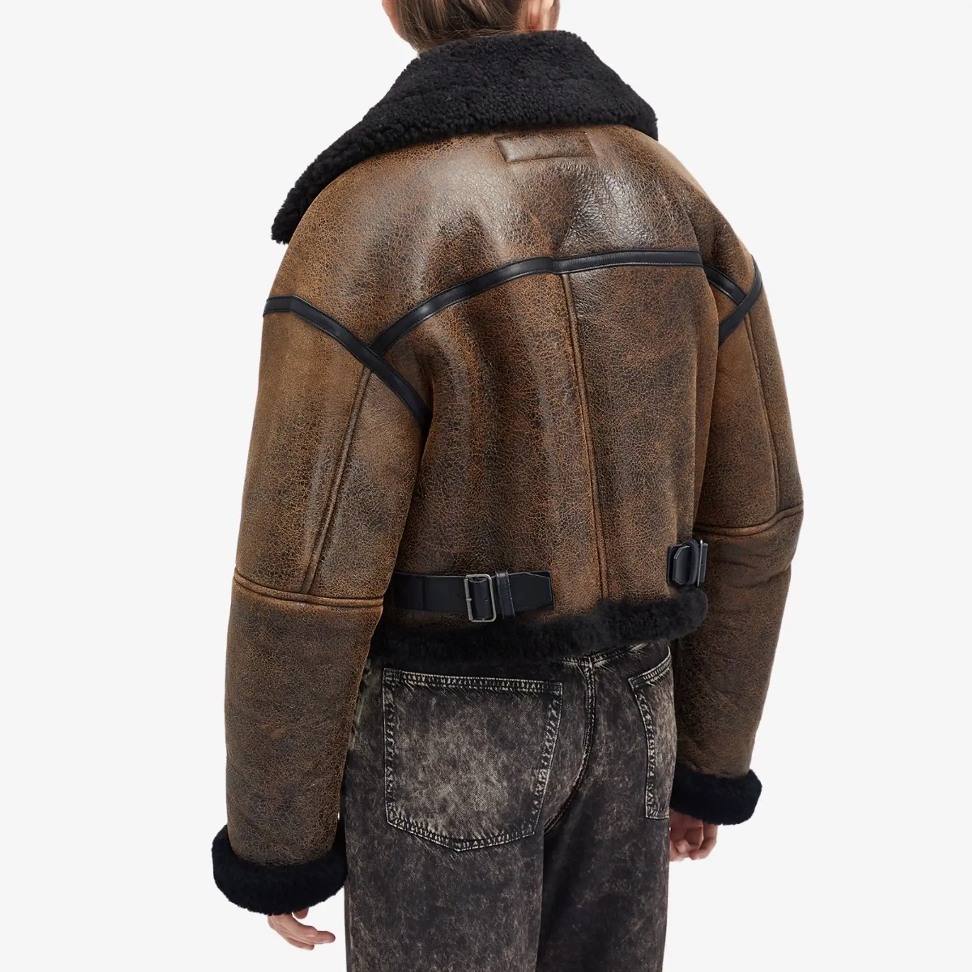 Acne Studios Women's Leather Shearling Jacket Dark Brown&Black
