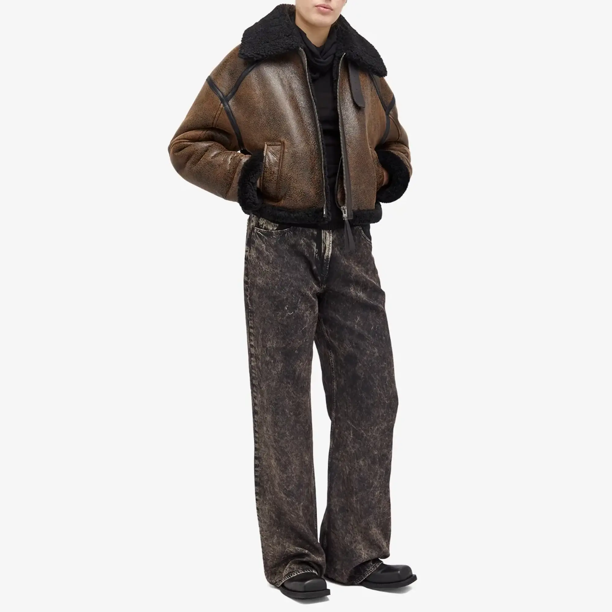 Acne Studios Women's Leather Shearling Jacket Dark Brown&Black