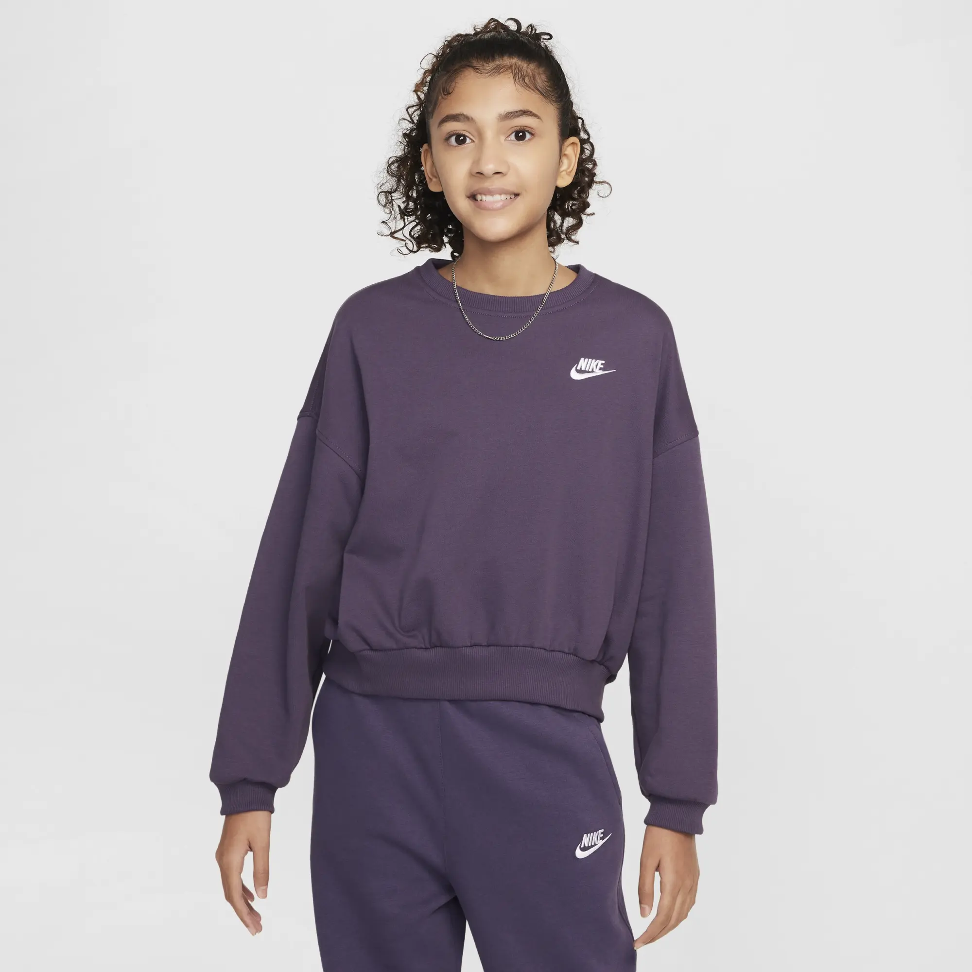 Nike Sportswear Club Fleece Girls' Boxy Crew-Neck Sweatshirt - Purple - Cotton/Polyester