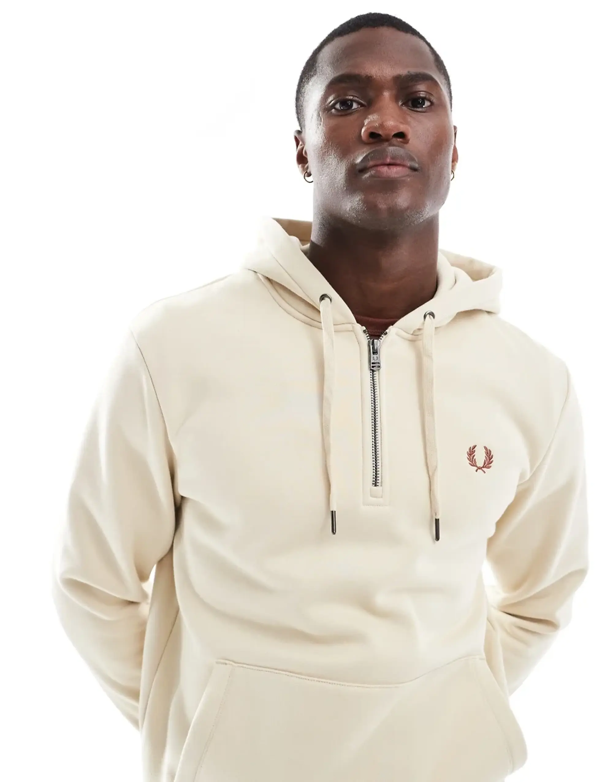 Fred Perry Half Zip Pullover Hoodie In Light Beige-Neutral