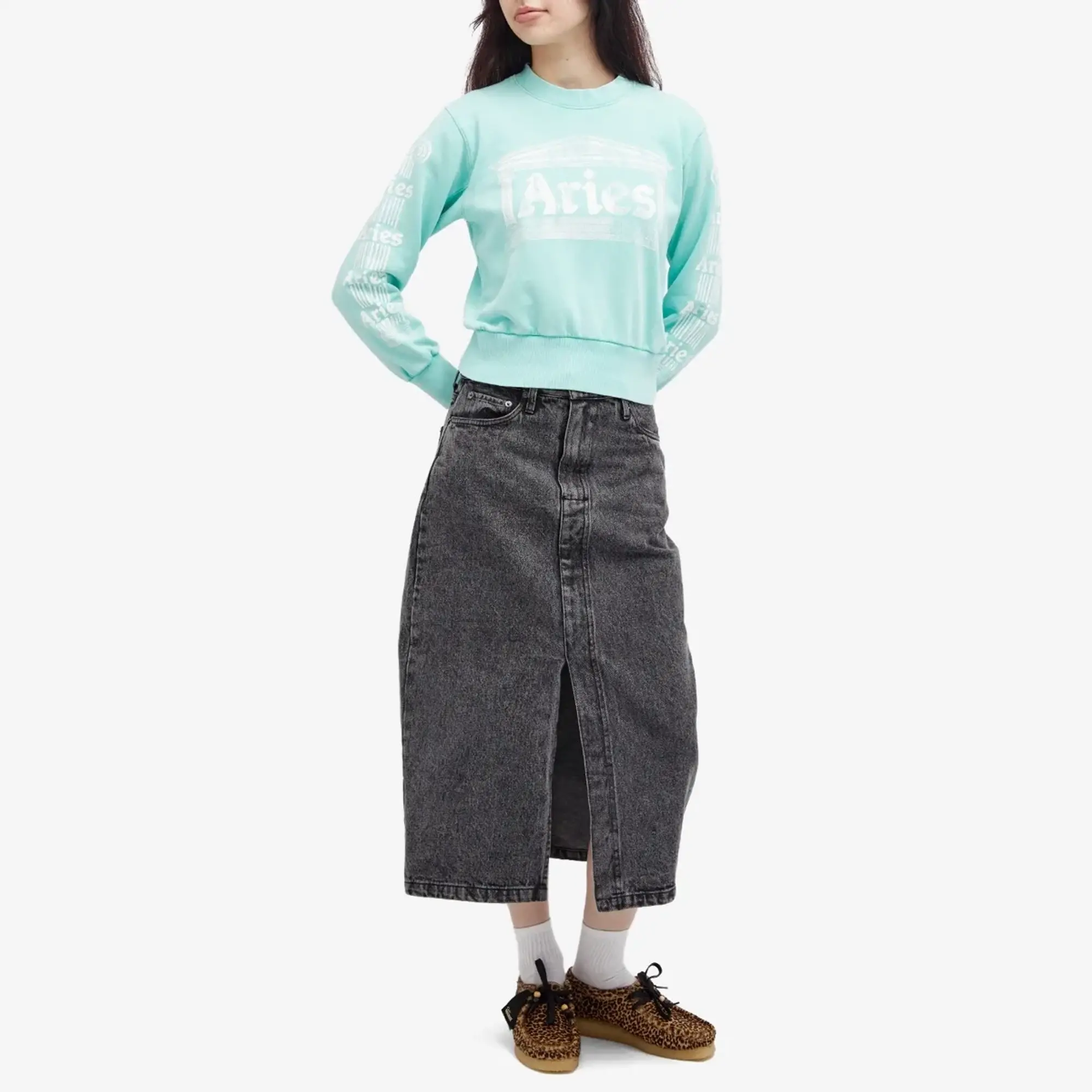 Aries Women's Baby Fit Aged Ancient Column Sweatshirt Aqua