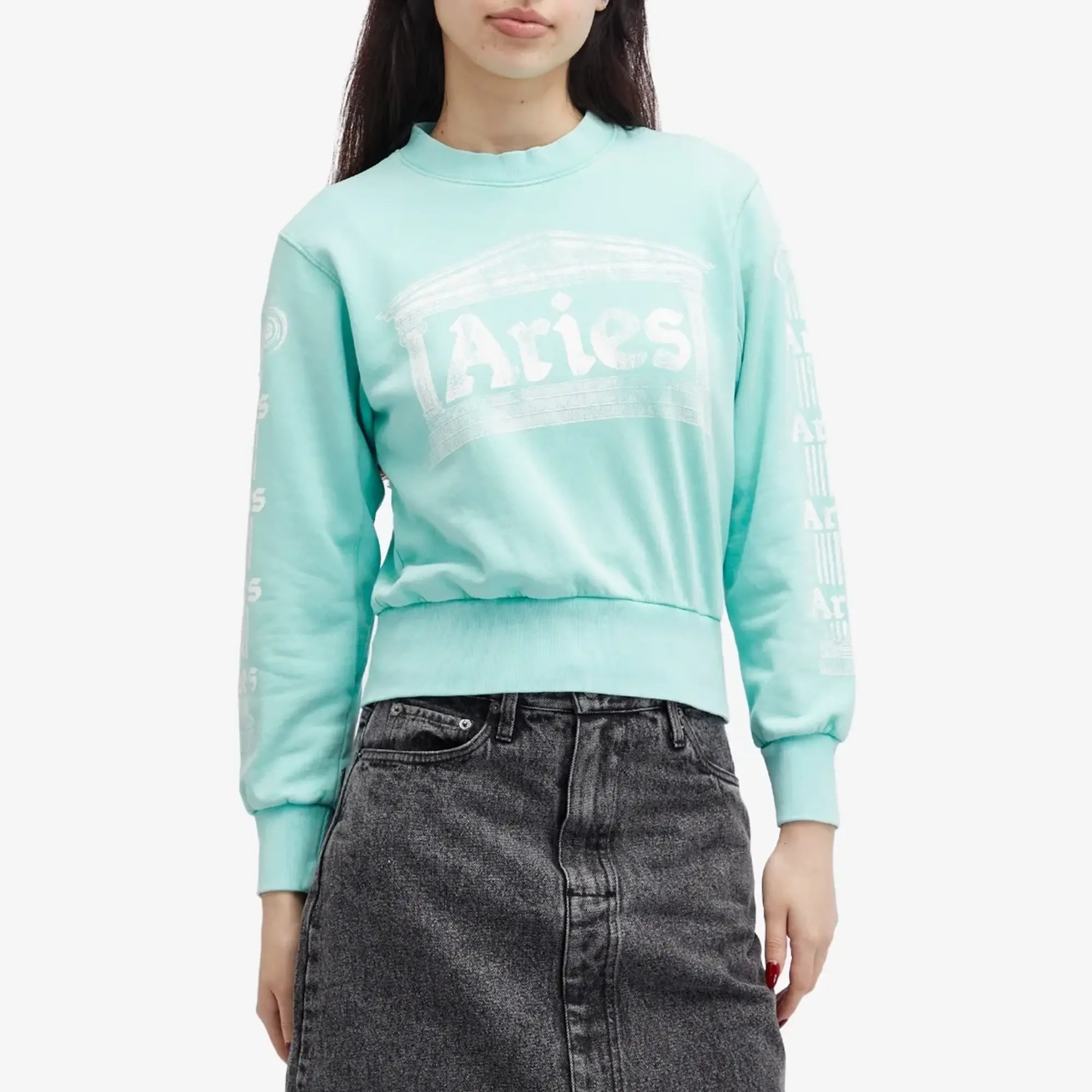Aries Women's Baby Fit Aged Ancient Column Sweatshirt Aqua
