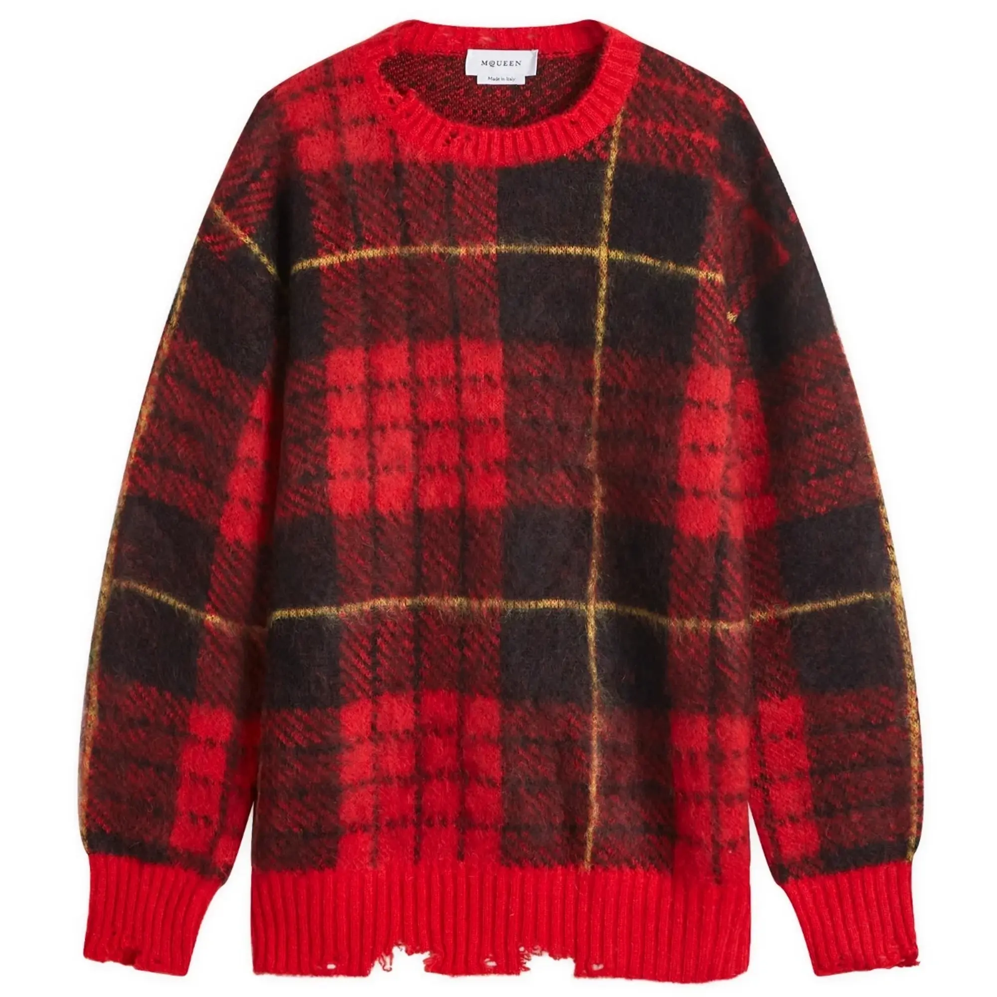 Alexander McQueen Men's Brushed Mohair Tartan Jumper Red/Black/Yellow