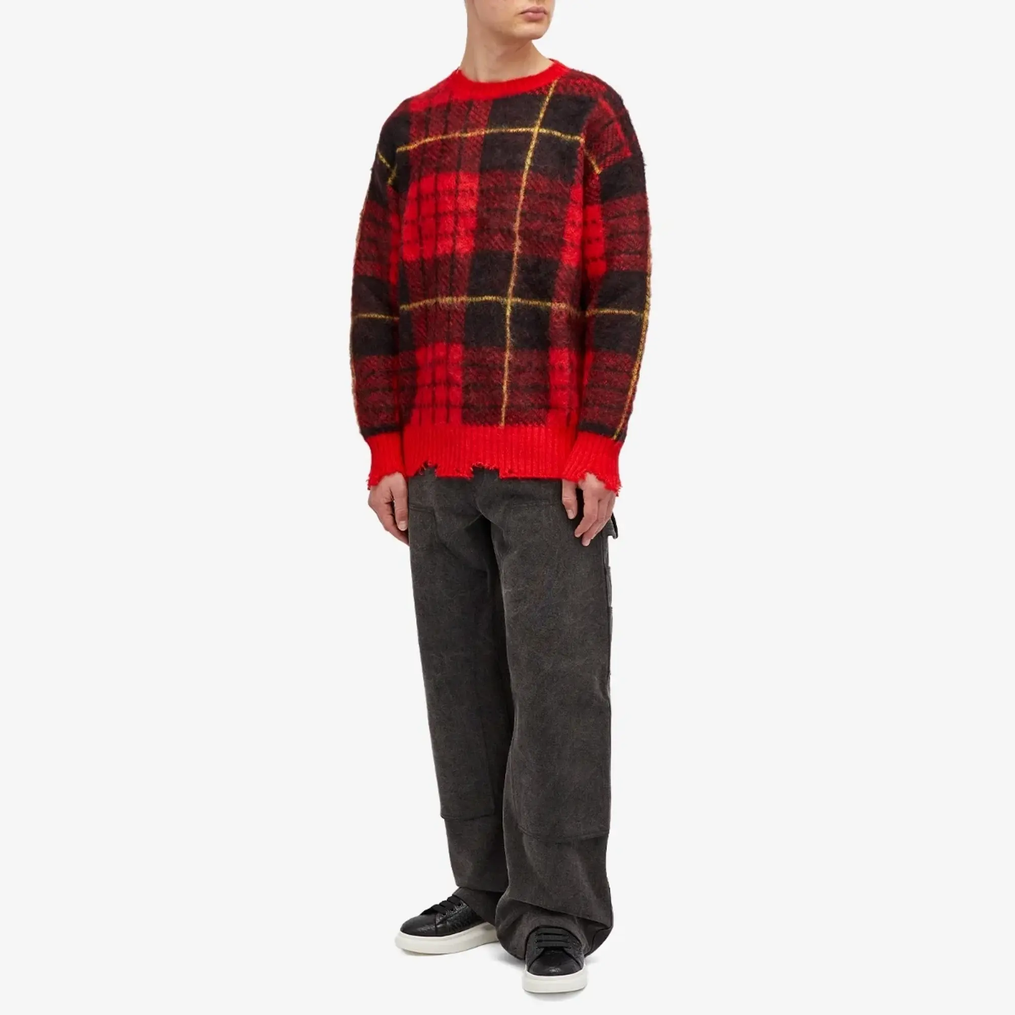Alexander McQueen Men's Brushed Mohair Tartan Jumper Red/Black/Yellow
