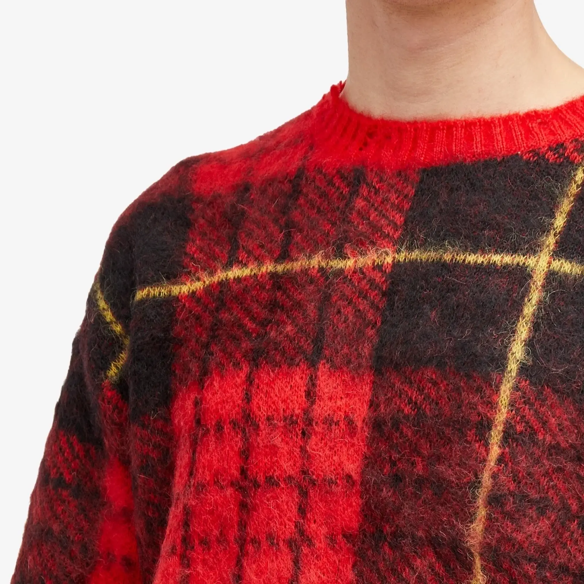 Alexander McQueen Men's Brushed Mohair Tartan Jumper Red/Black/Yellow