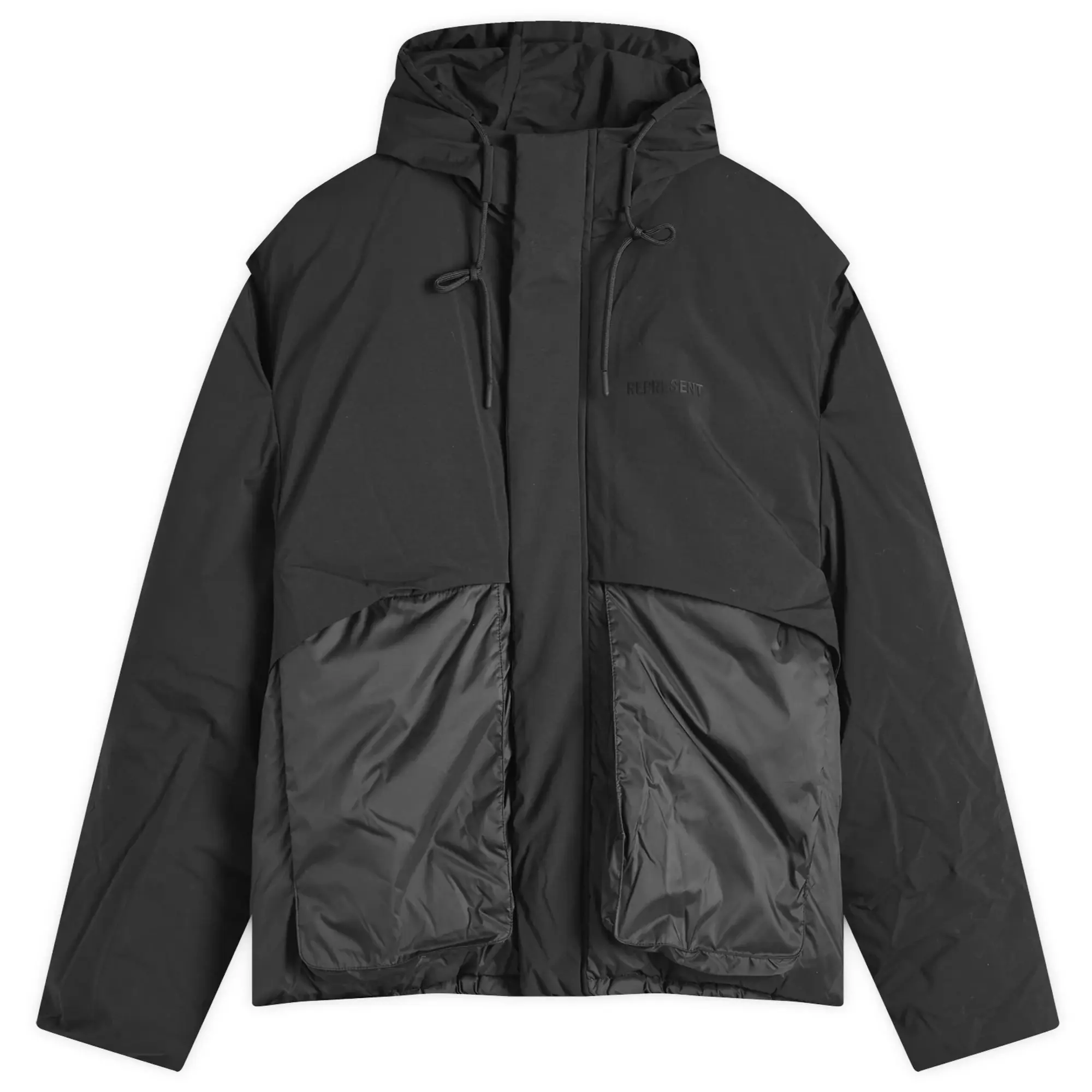 Represent Men's Layered Hooded Puffer Jet Black