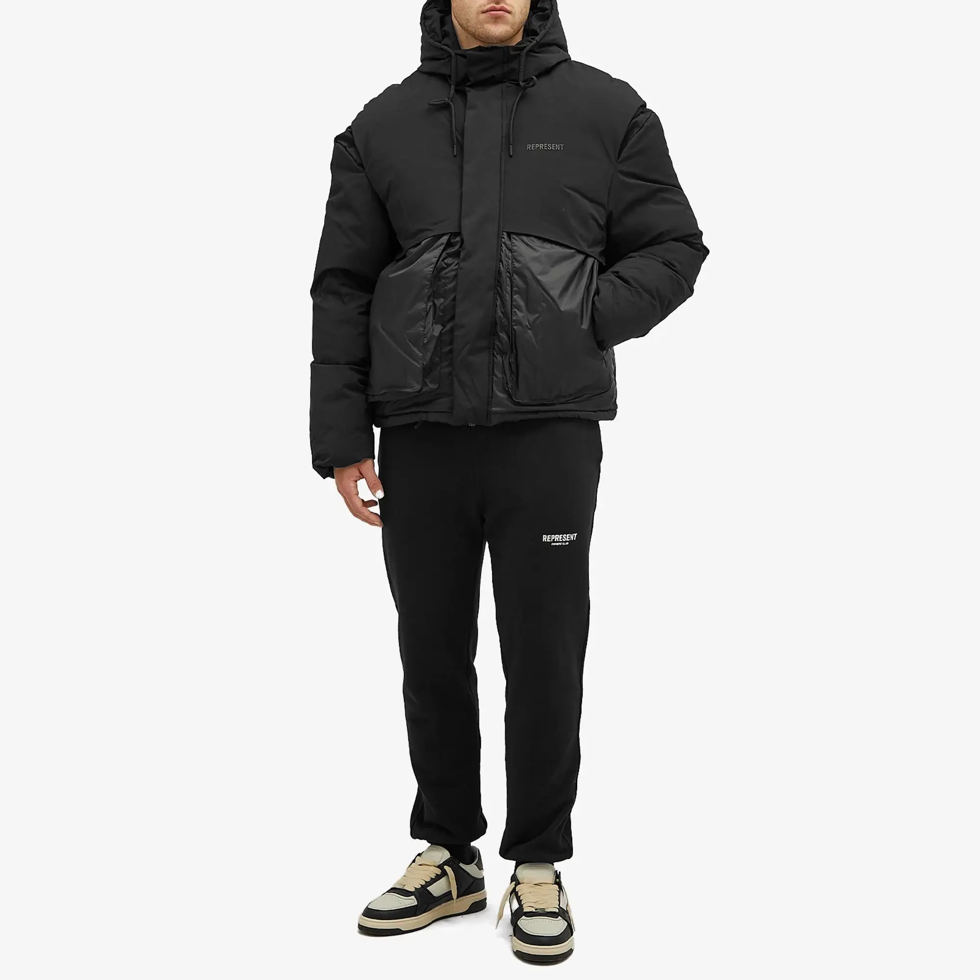 Represent Men's Layered Hooded Puffer Jet Black