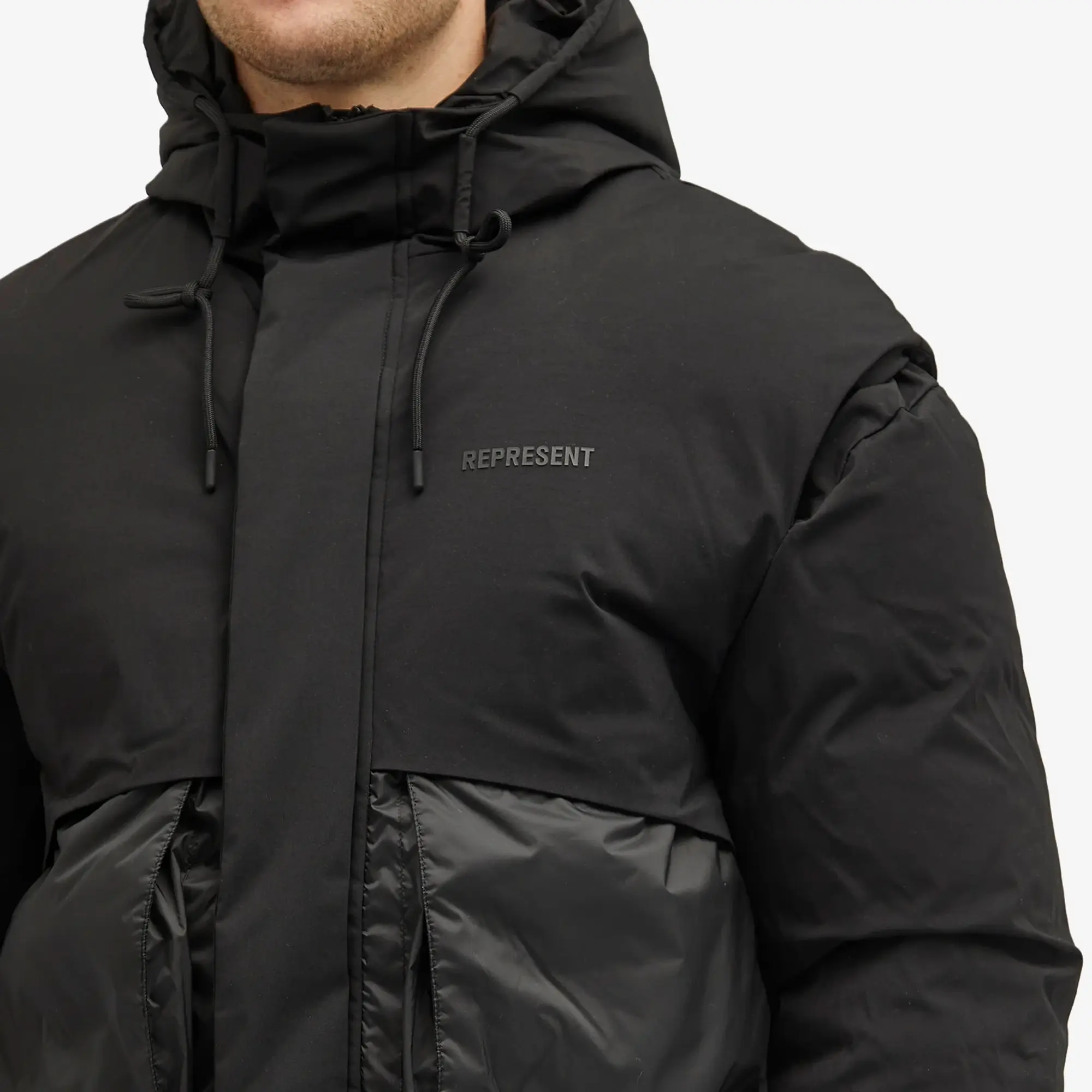 Represent Men's Layered Hooded Puffer Jet Black