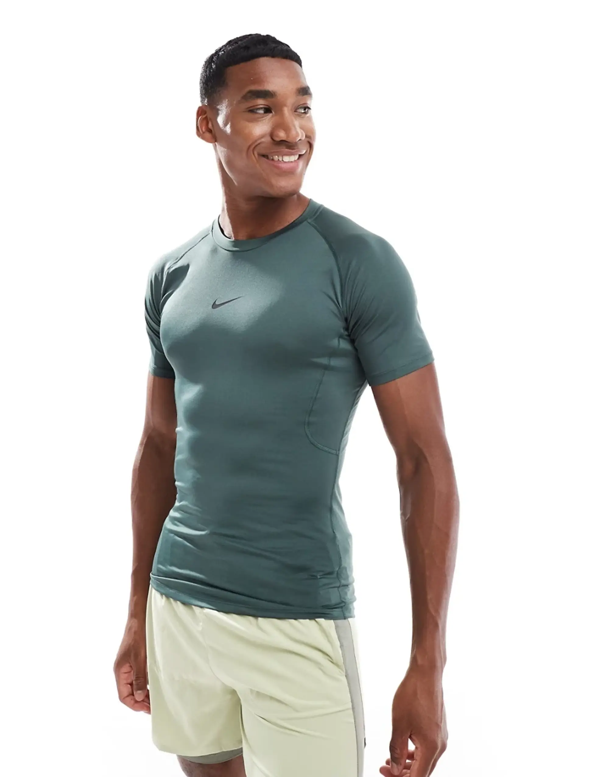 Nike Training Pro Tight Short Sleeve Top In Green-Grey