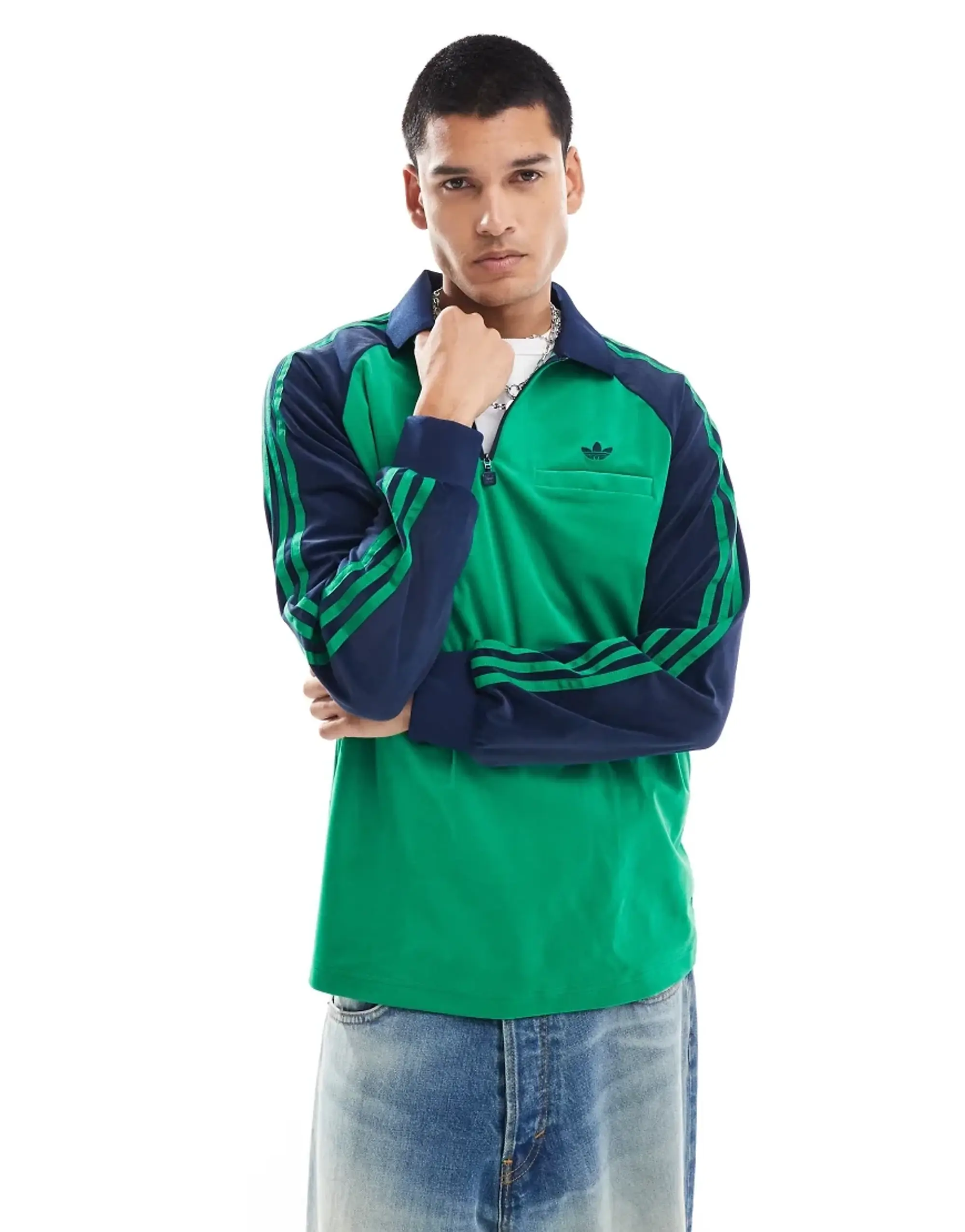 Adidas Originals 70S Velour Polo Shirt In Green