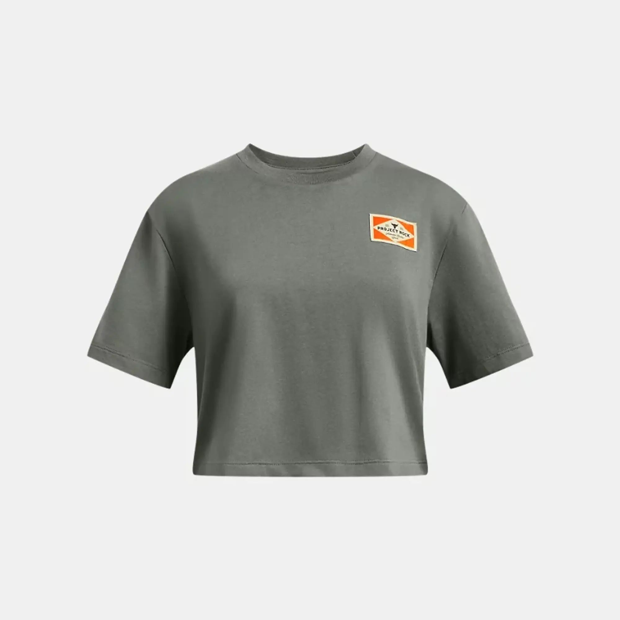 Under Armour Girls' Project Rock Campus Crop Short Sleeve Clay Green / Silt YXS (48 - 50 in)