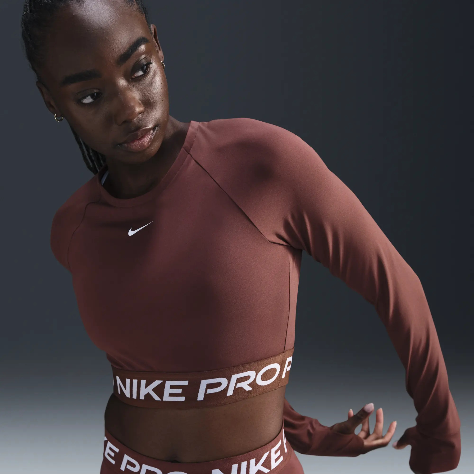 Nike Pro Long Sleeve Cropped Top - Brown - Womens