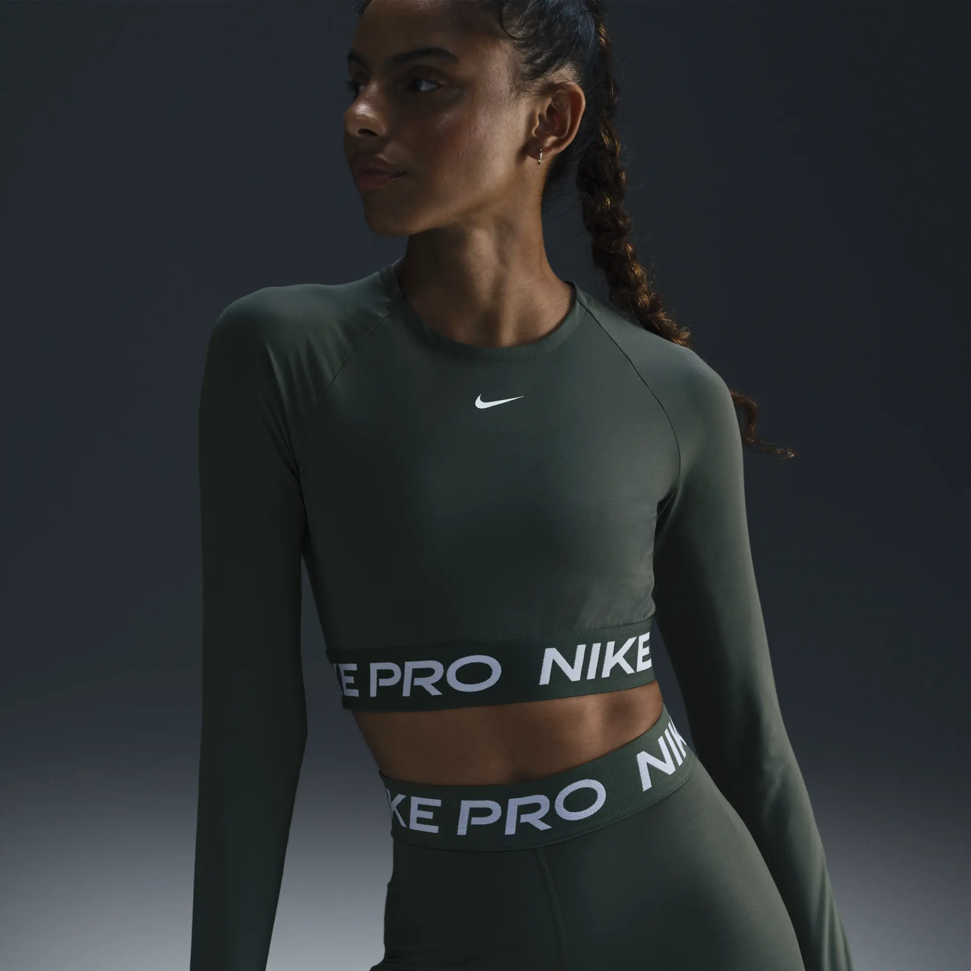 Nike Pro Women's Dri-FIT Cropped Long-Sleeve Top - Green - Polyester/Elastane