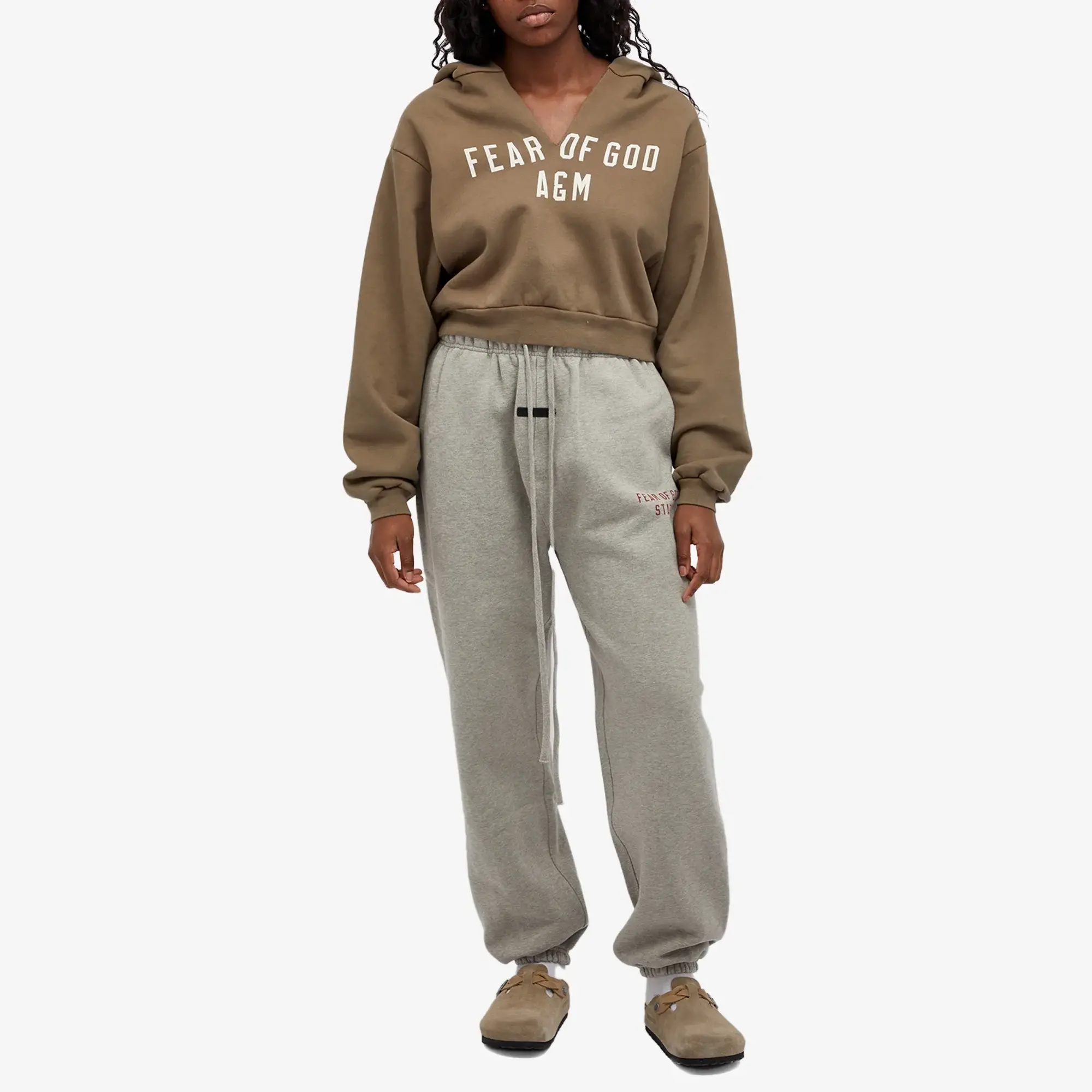 Fear of God ESSENTIALS Women's Heavy Fleece Cropped V-Neck Hoodie Military