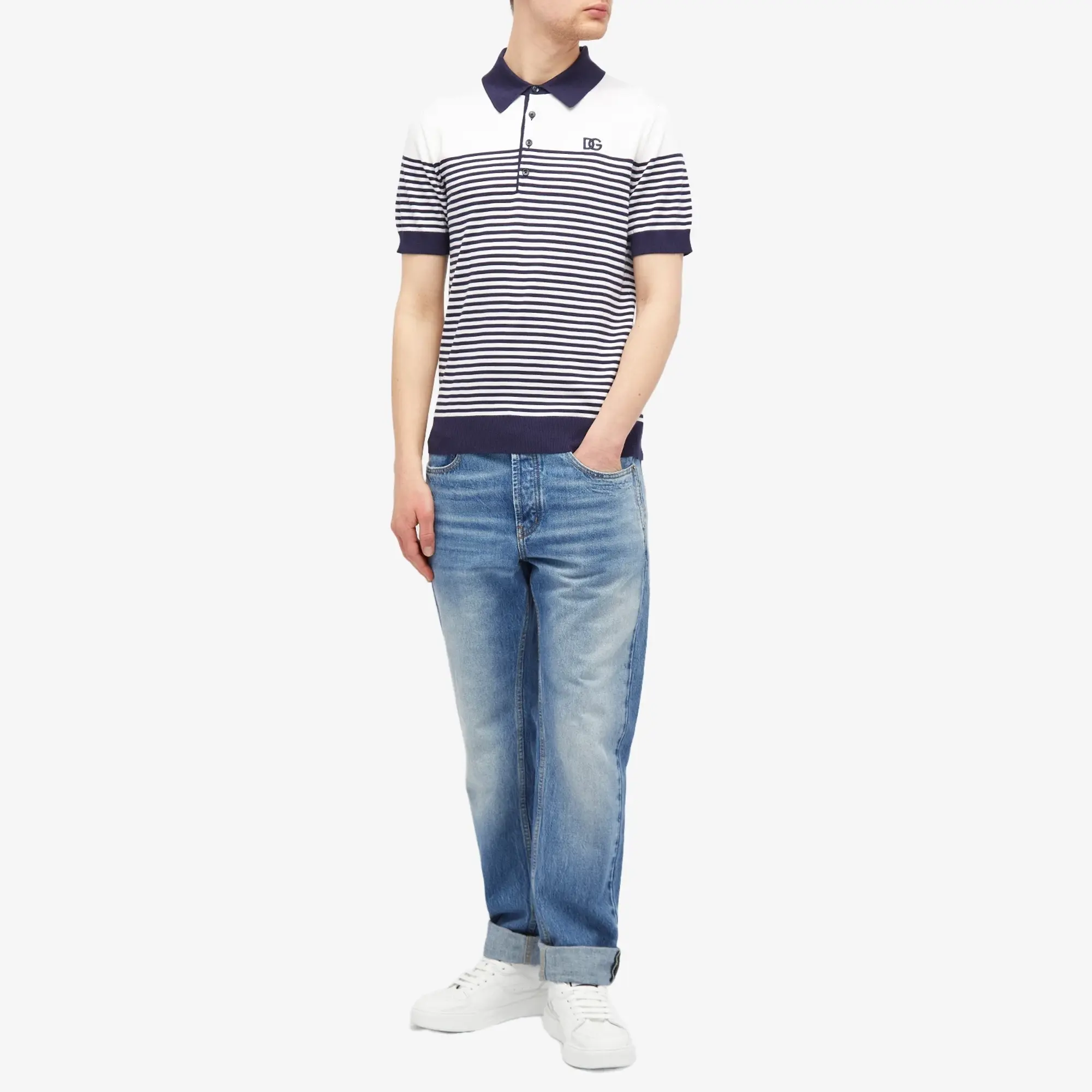 Dolce & Gabbana Men's Stripe Knitted Polo White/Blue