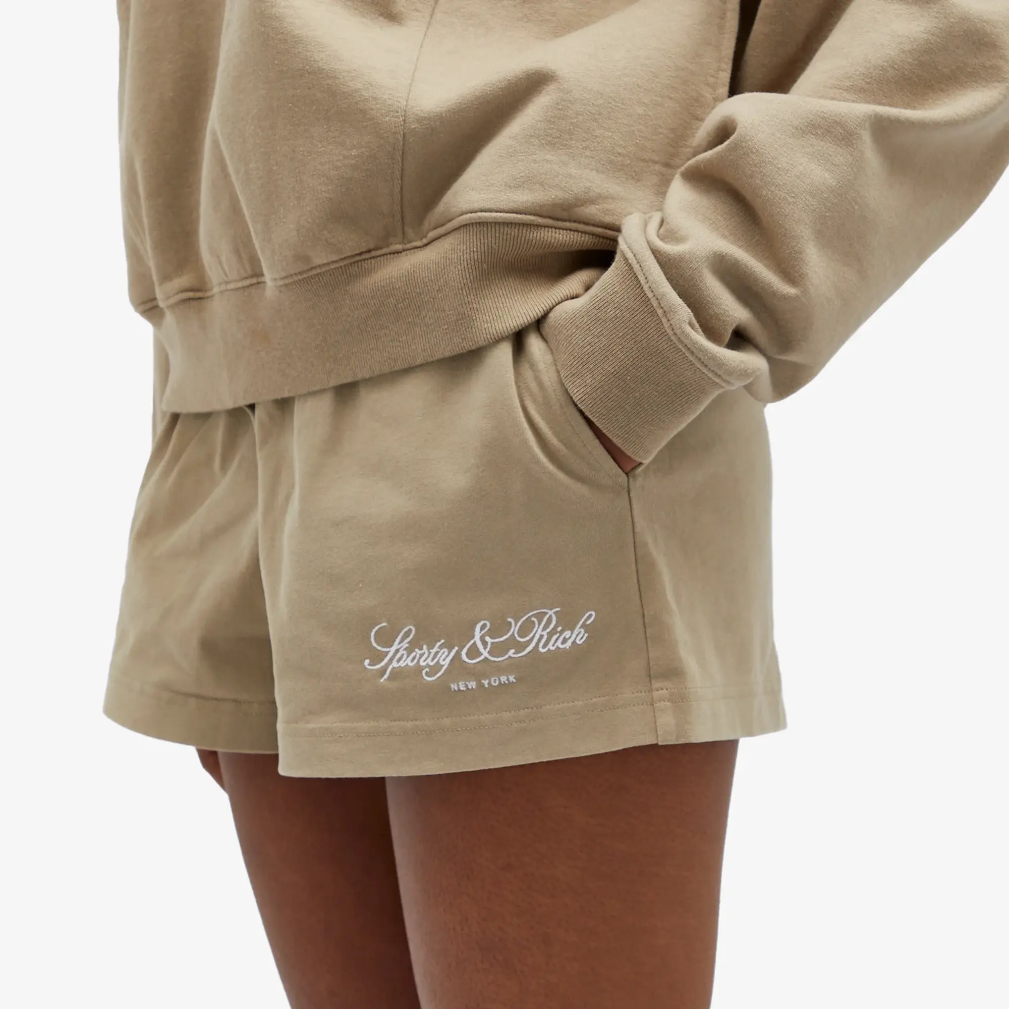 Sporty & Rich Women's Vendome Script Embroidered Disco Short Elephant White