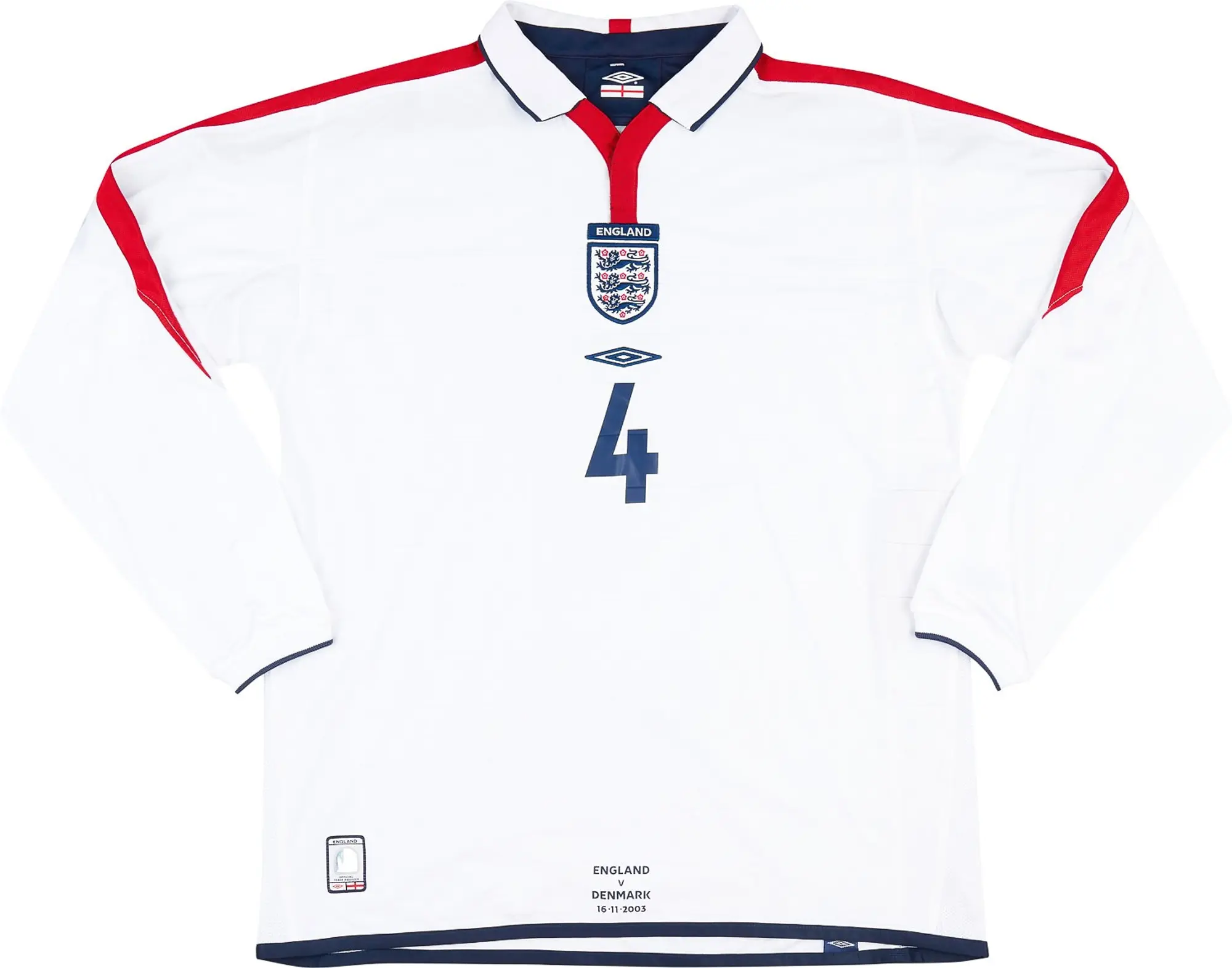 Umbro 2003 England Match Worn Home L/S Shirt Butt #4 (v Denmark)