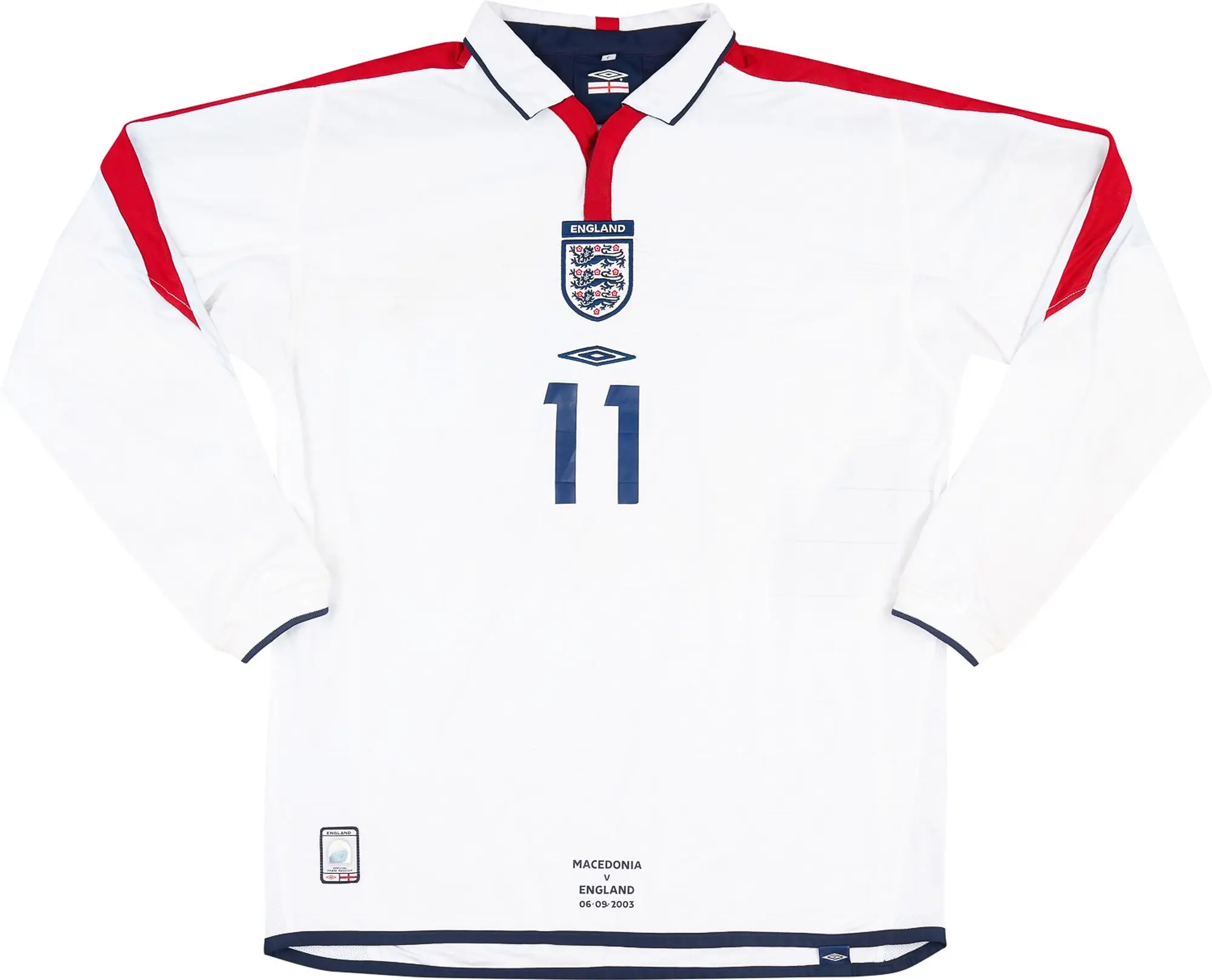 Umbro 2003 England Match Issue Home L/S Shirt Butt #11 (v Macedonia)