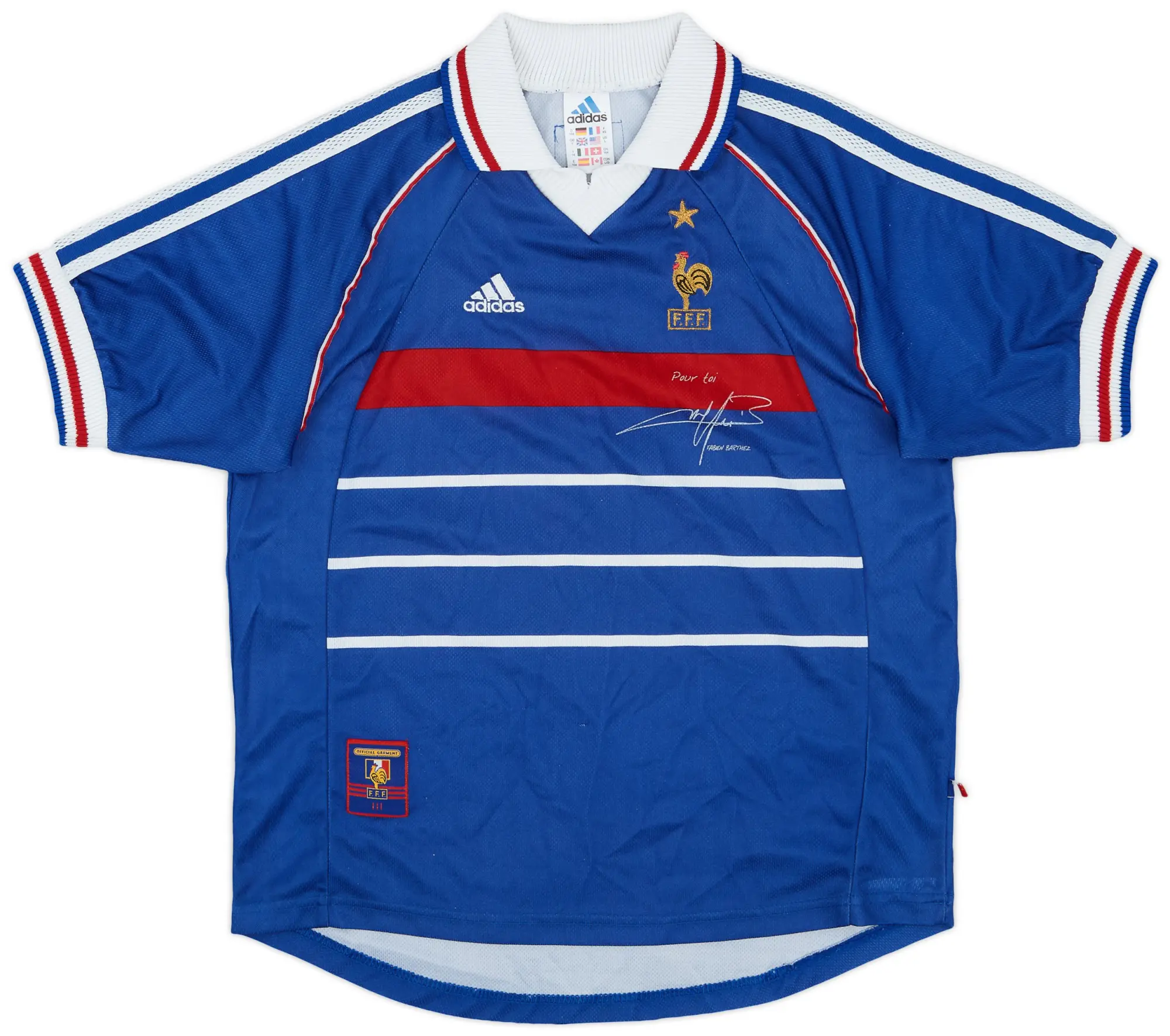 adidas 1998-00 France 'Pour Toi Fabien Barthez' Home Shirt - 8/10 - (Y)