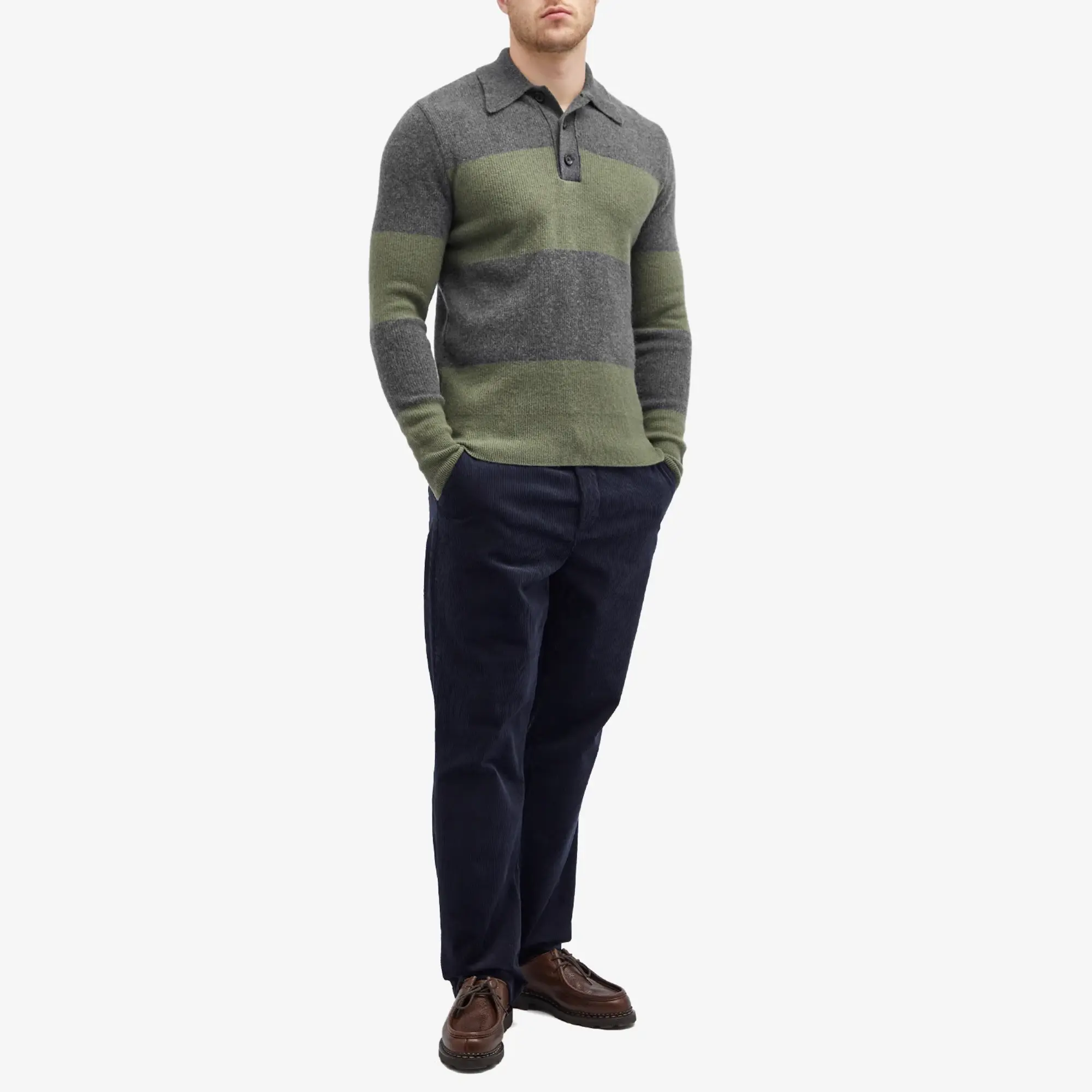 Oliver Spencer Men's Knitted Polo Shirt Charcoal/Sage Green
