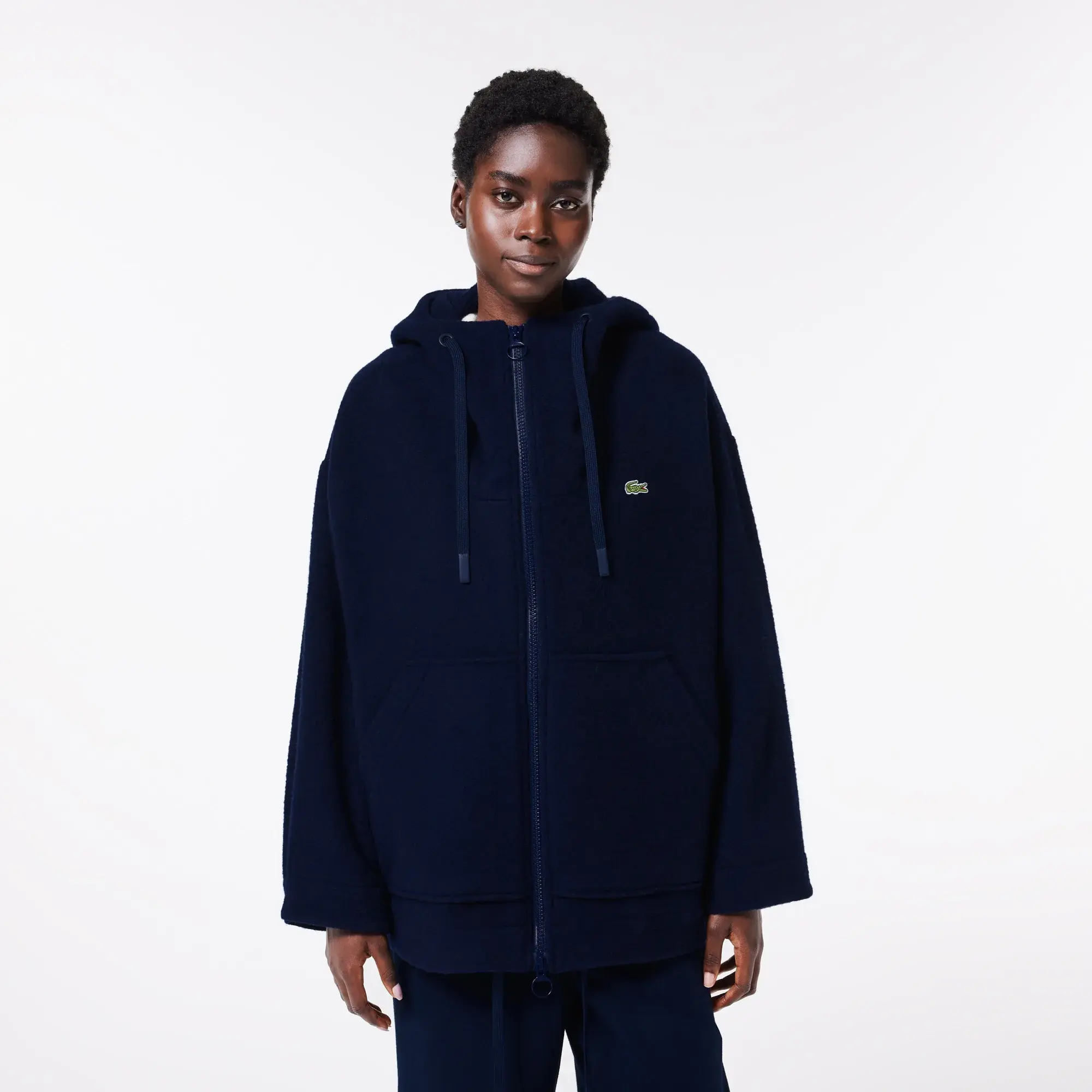 Lacoste Short Oversized Recycled Wool Hooded Coat - Midnight Blue