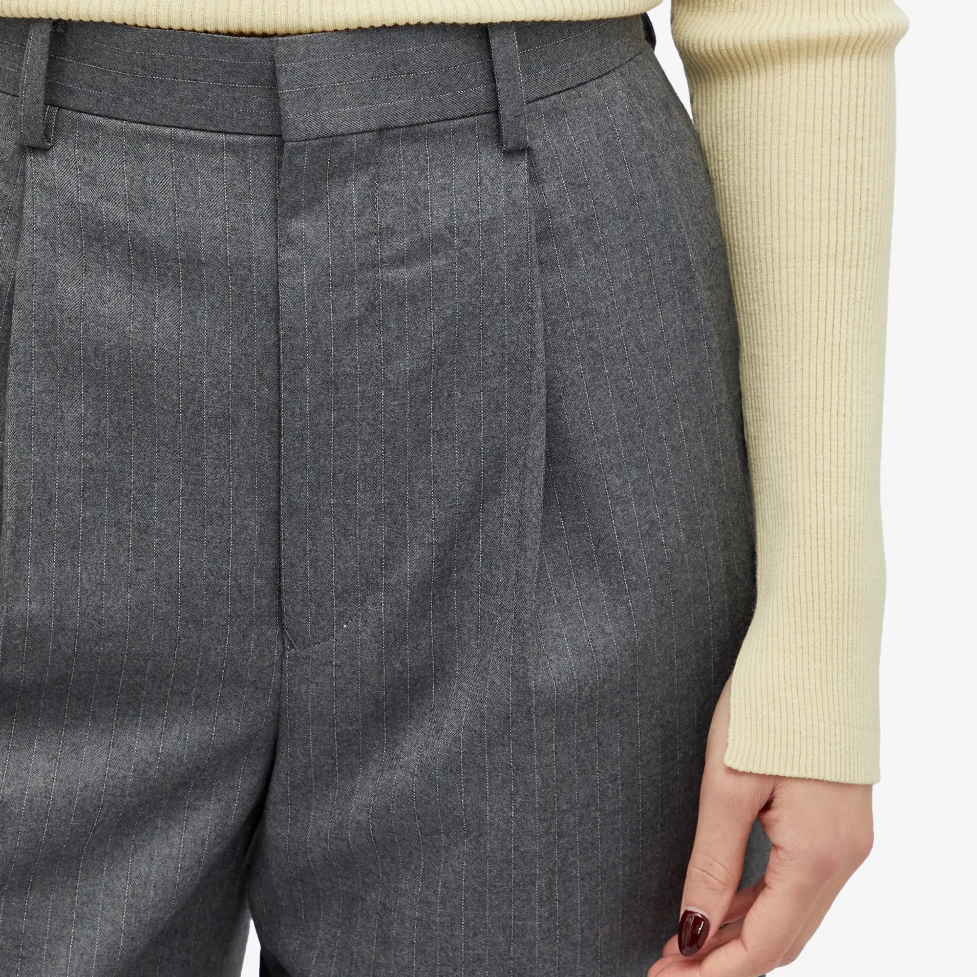 Auralee Women's Wool Flannel Stripe Slacks Top Gray