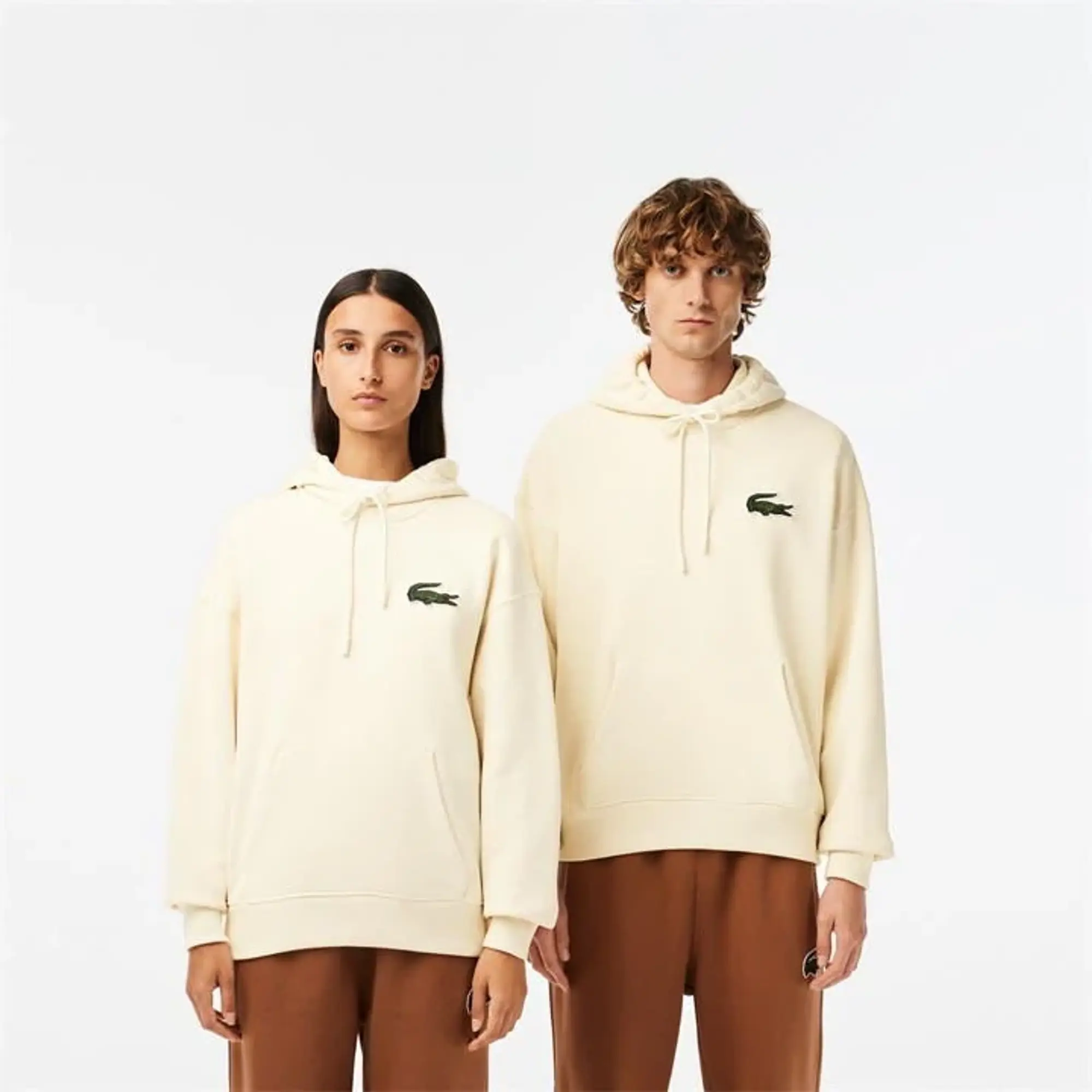 Lacoste Loose Fit Fleece Hoodie - Ecru White