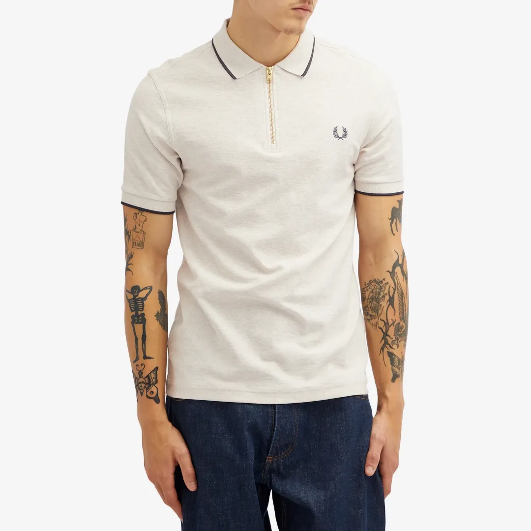 Fred Perry Polo Shirt In Off White Crepe Pique With Zip-Neutral Fred Perry Polo Shirt In Off White Crepe Pique With Zip-Neutral