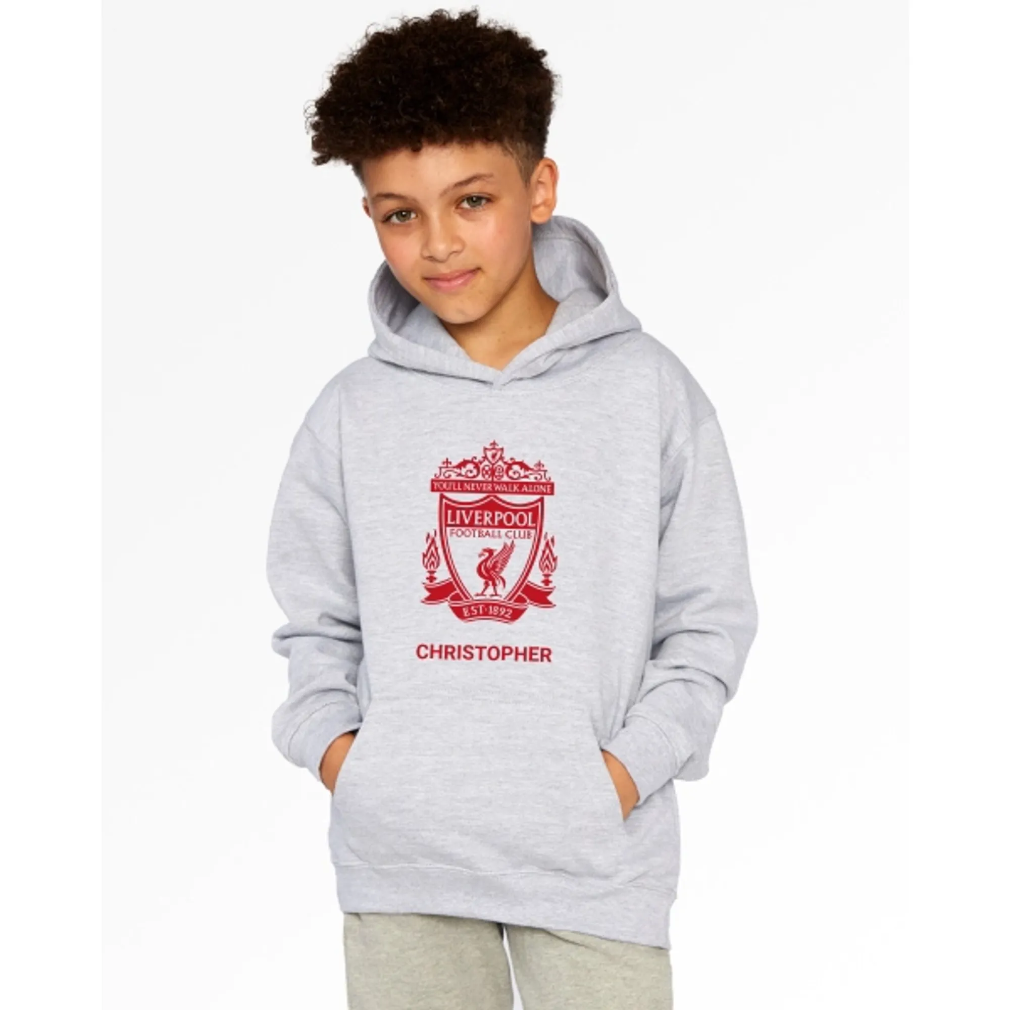 Liverpool FC LFC Junior Red Crest Personalised Grey Hoody