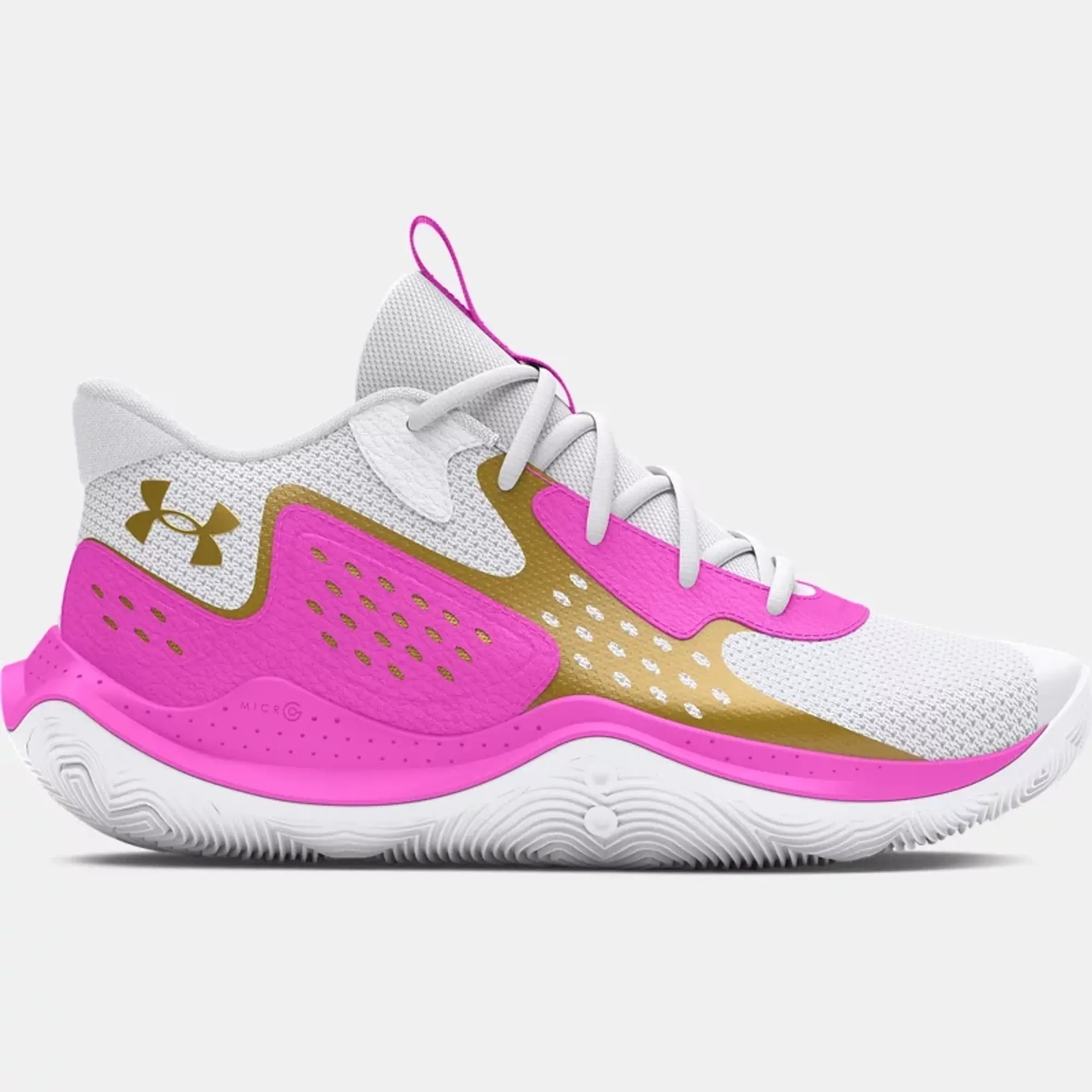 Unisex  Under Armour  Jet '23 Basketball Shoes White / Vivid Magenta / Metallic Gold 8