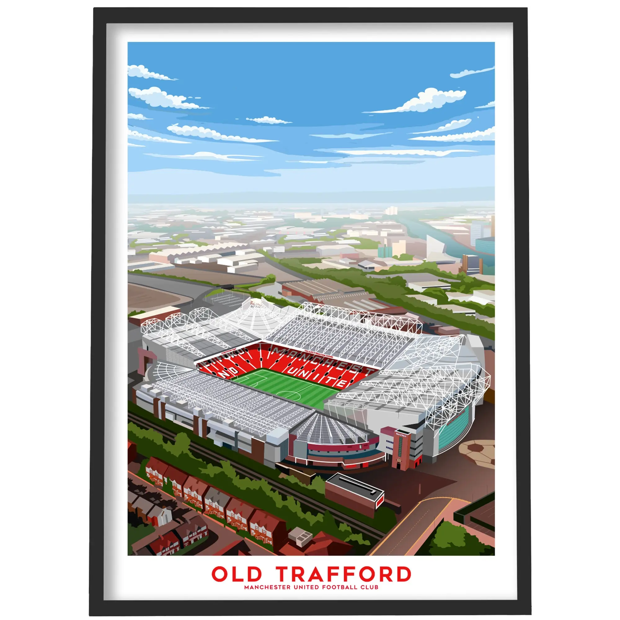 Manchester United Old Trafford Aerial Illustration Framed Print - A2