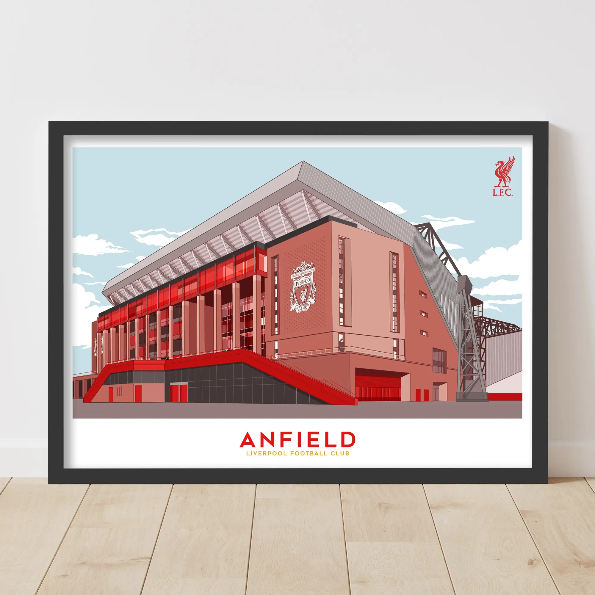 Liverpool Anfield Illustration Outside Blue Sky Print - Framed A3