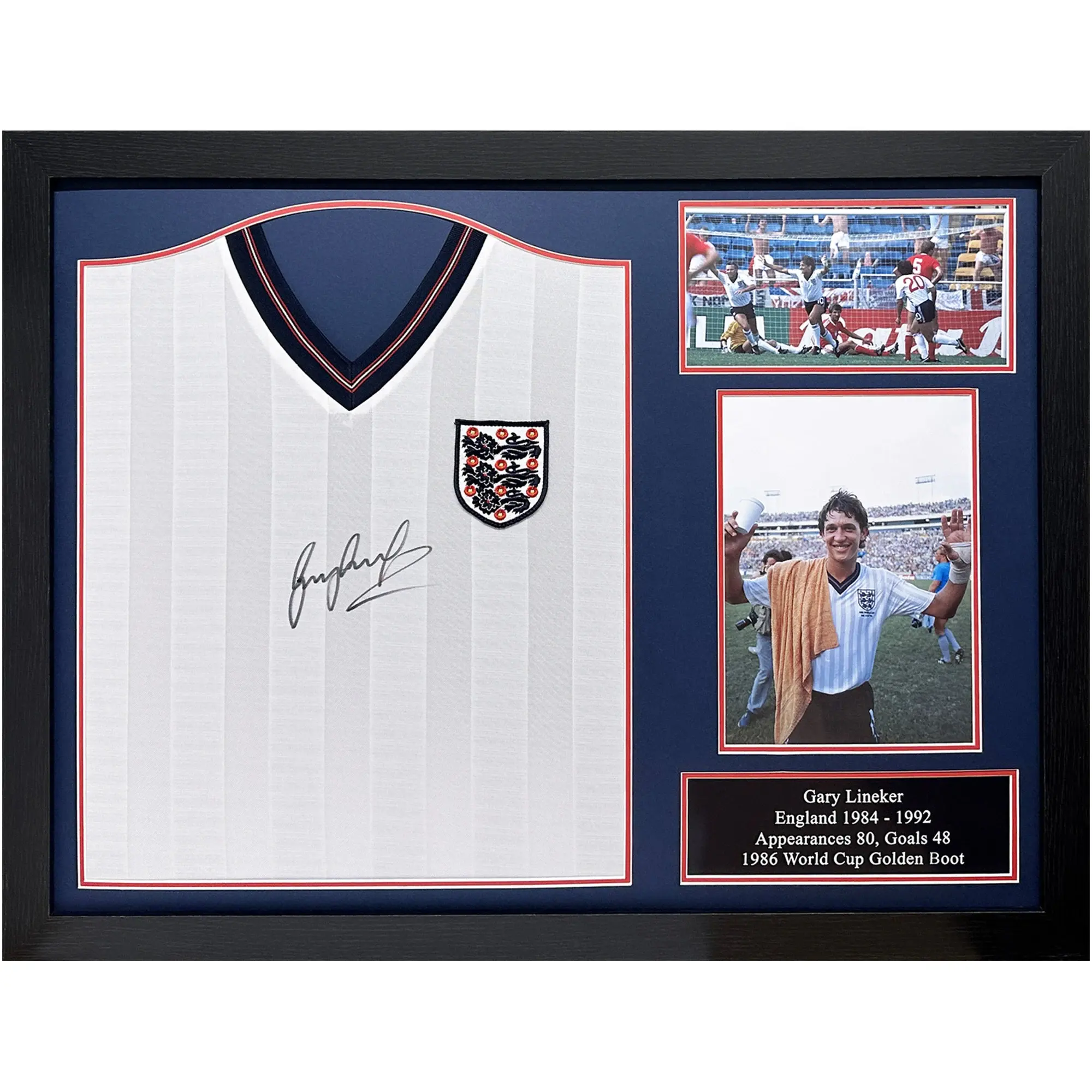 Gary Lineker Signed Official England Retro 1986 World Cup Shirt - Framed