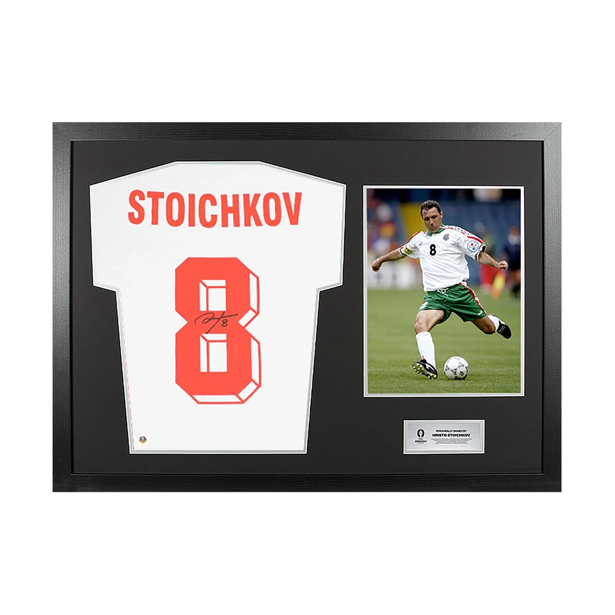 Icons UEFA 2024 Hristo Stoichkov Back Signed and Hero Framed Bulgaria T-Shirt with Fan Style Numbers