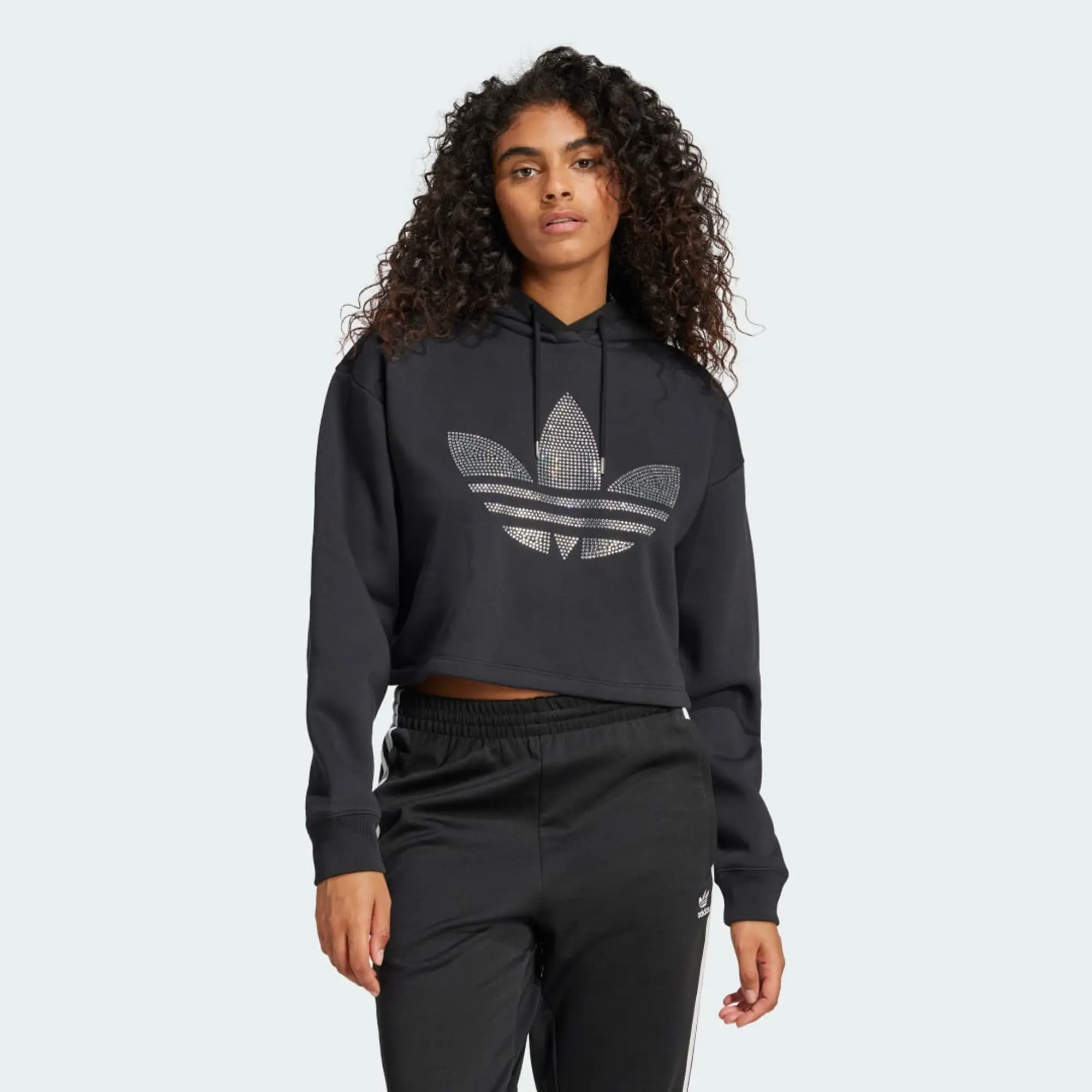 adidas Rhinestone Trefoil Loose Crop Hoodie