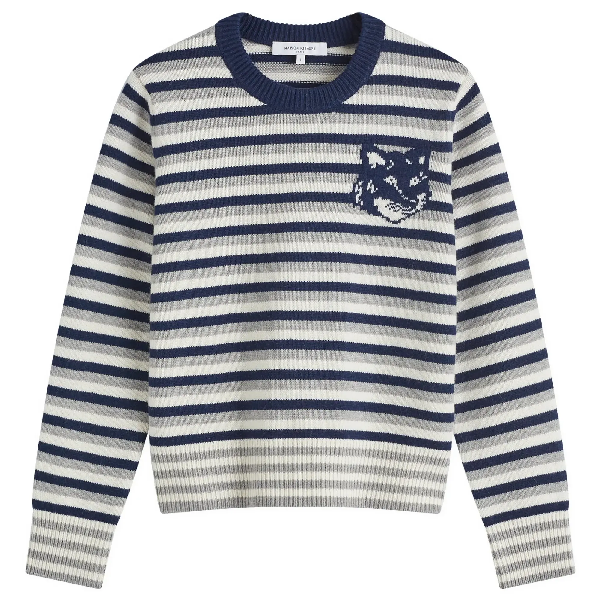 Maison Kitsuné Maison Kitsune Fox Head Intarsia Striped Jumper Navy