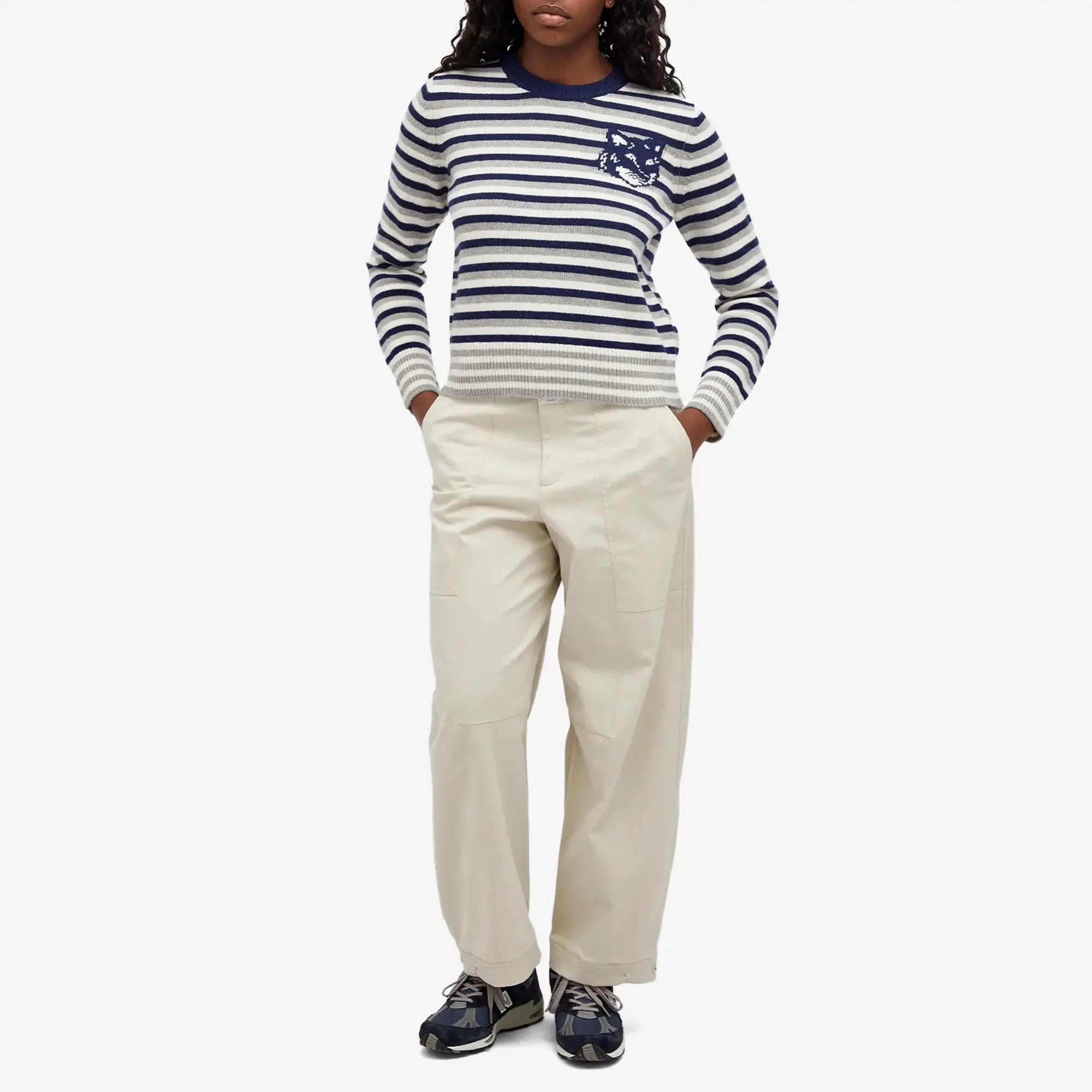 Maison Kitsuné Maison Kitsune Fox Head Intarsia Striped Jumper Navy