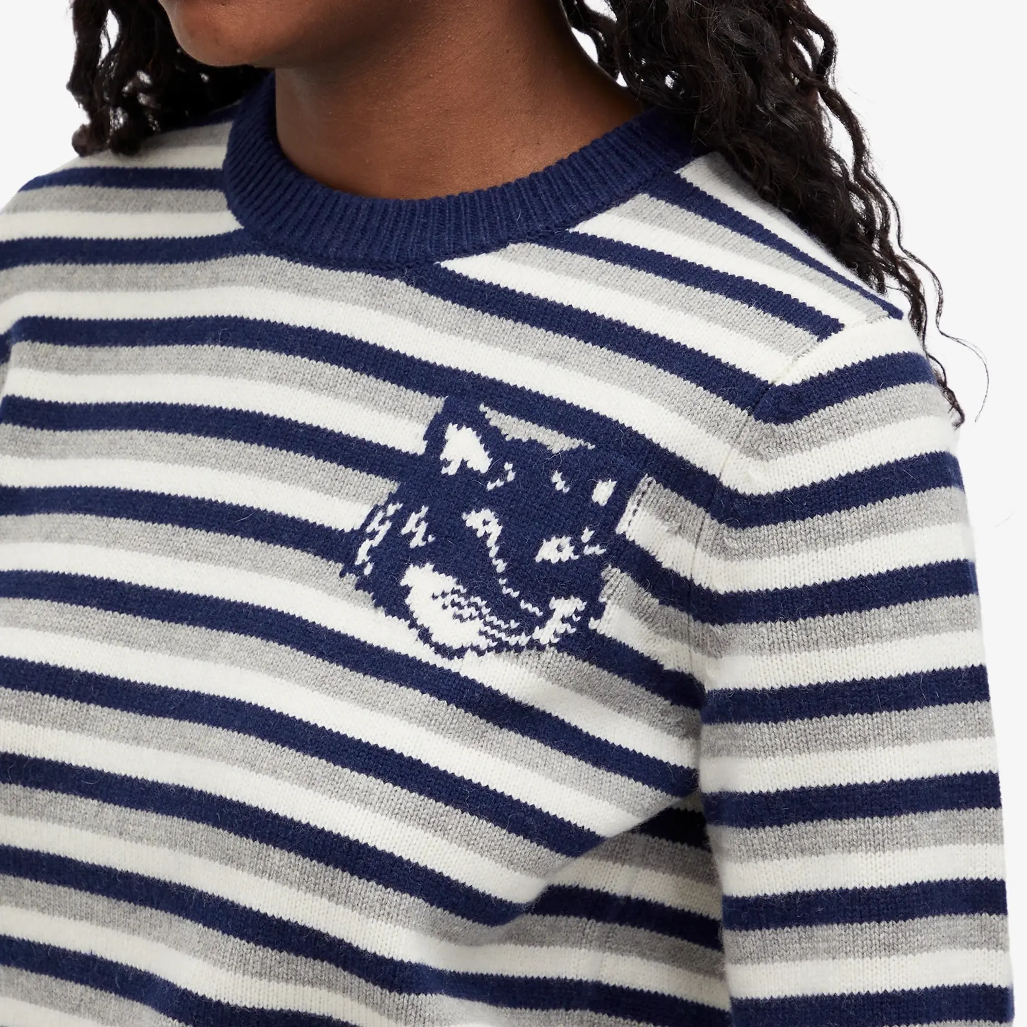 Maison Kitsuné Maison Kitsune Fox Head Intarsia Striped Jumper Navy