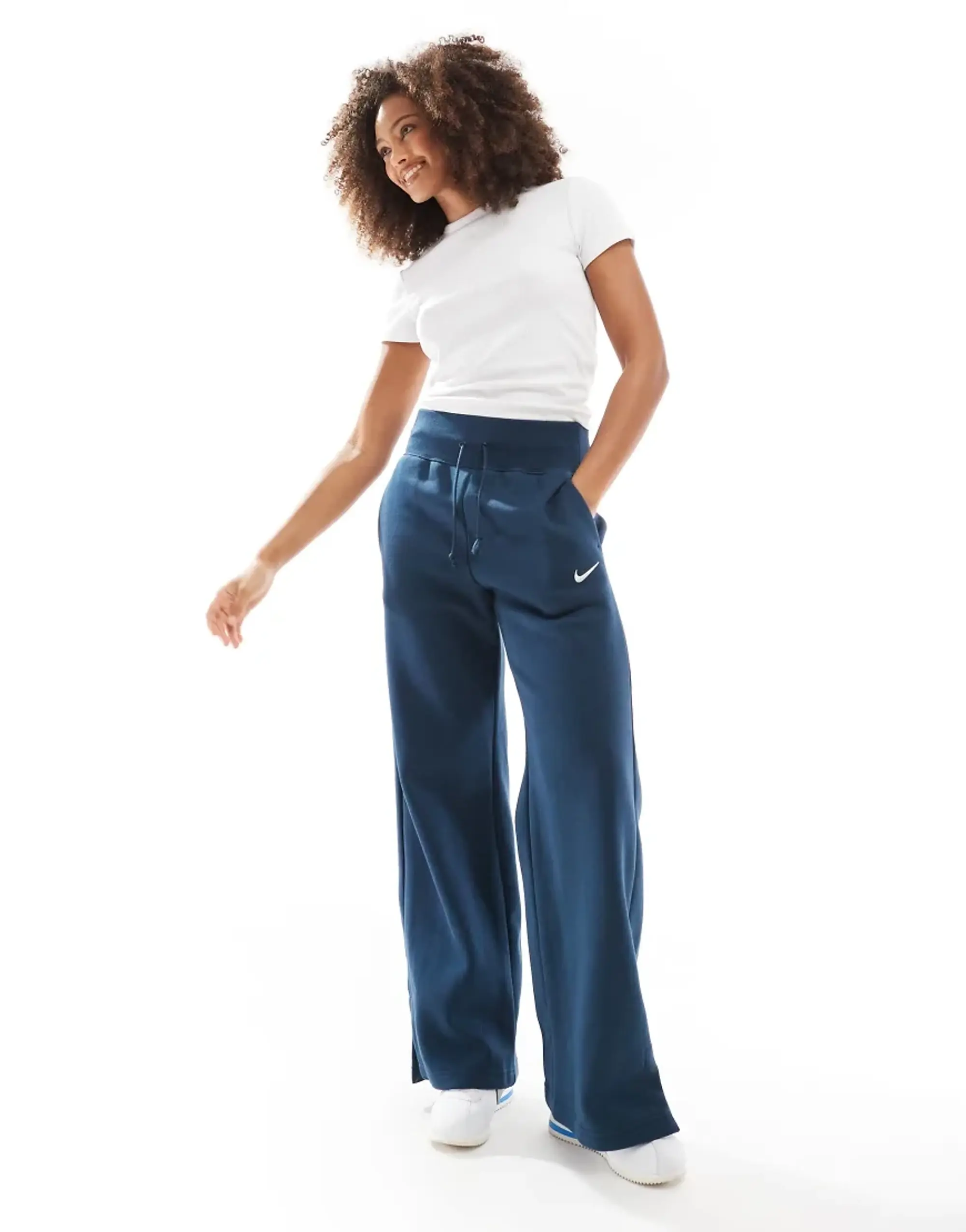 Nike Womens Phoenix Fleece High-Waisted Wide-Leg Logo Pant - Blue - Size L - Blue