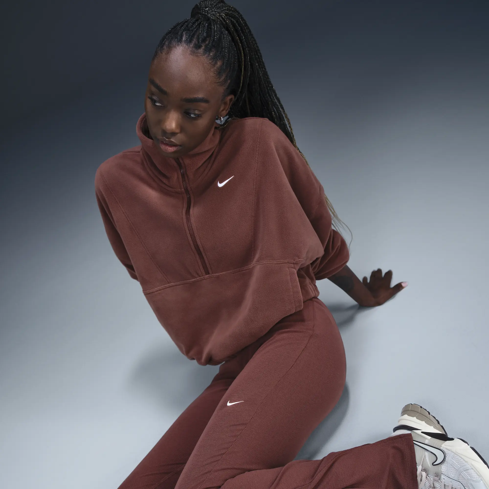 Nike One Women s Therma FIT Oversized 1 2 Zip Fleece Top Brown Polyester FV7955 218 FOOTY.COM