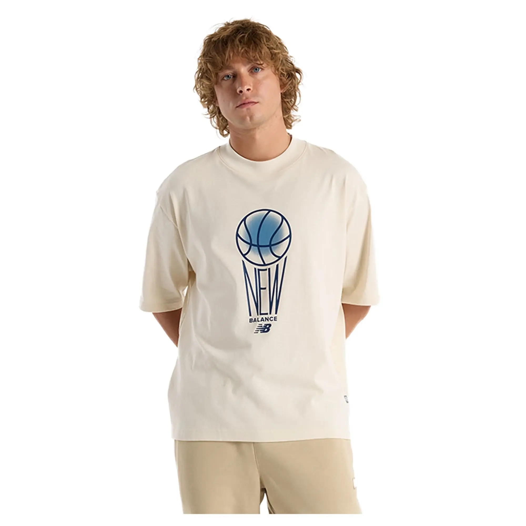 New Balance Men's Hoops Graphic T-Shirt in Beige Cotton