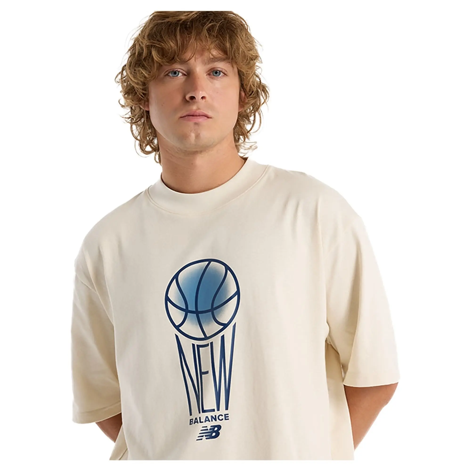 New Balance Men's Hoops Graphic T-Shirt in Beige Cotton