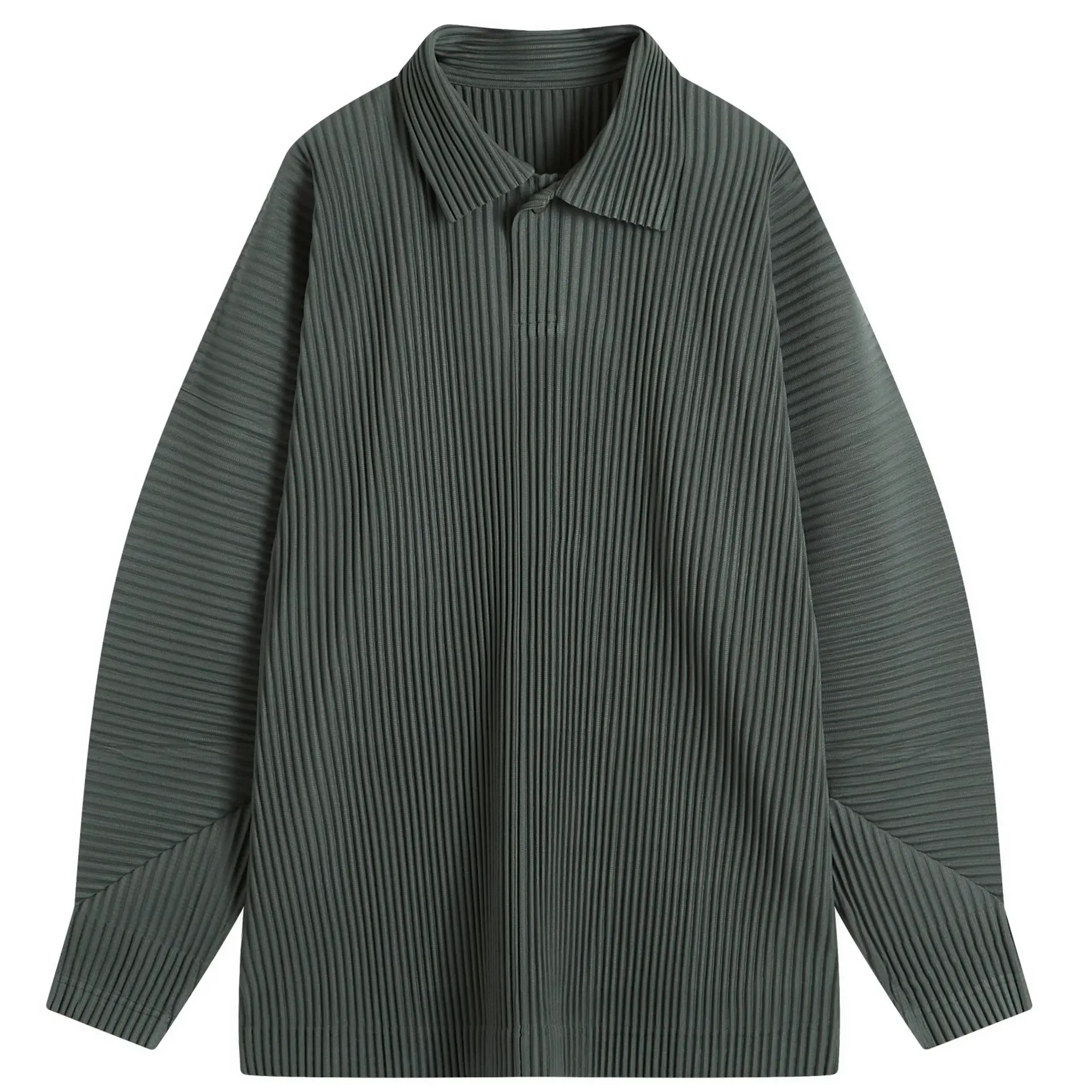 Homme Plissé Issey Miyake Men's Pleated Long Sleeve Polo Green