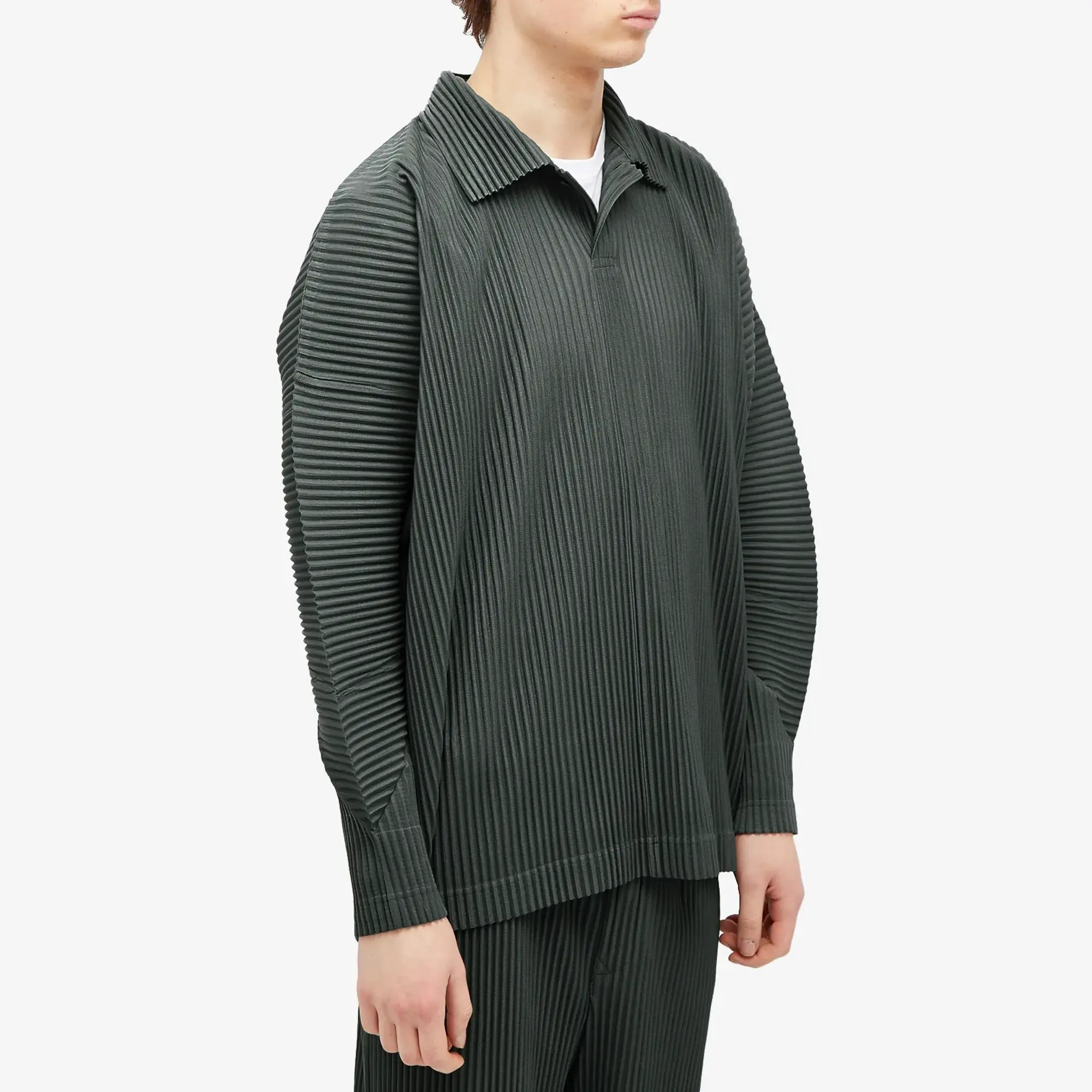 Homme Plissé Issey Miyake Men's Pleated Long Sleeve Polo Green