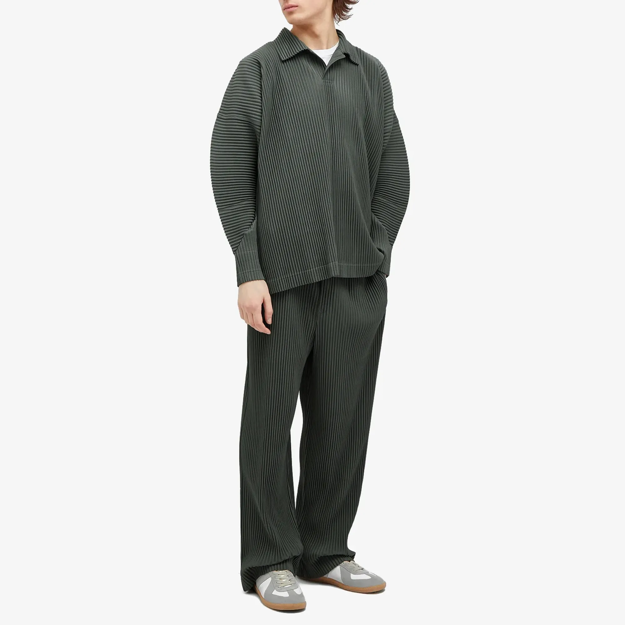 Homme Plissé Issey Miyake Men's Pleated Long Sleeve Polo Green