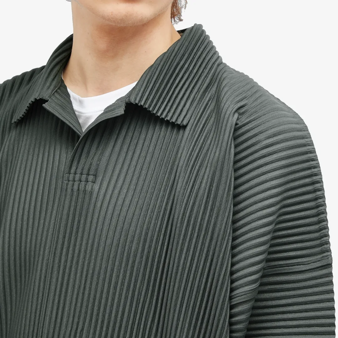 Homme Plissé Issey Miyake Men's Pleated Long Sleeve Polo Green