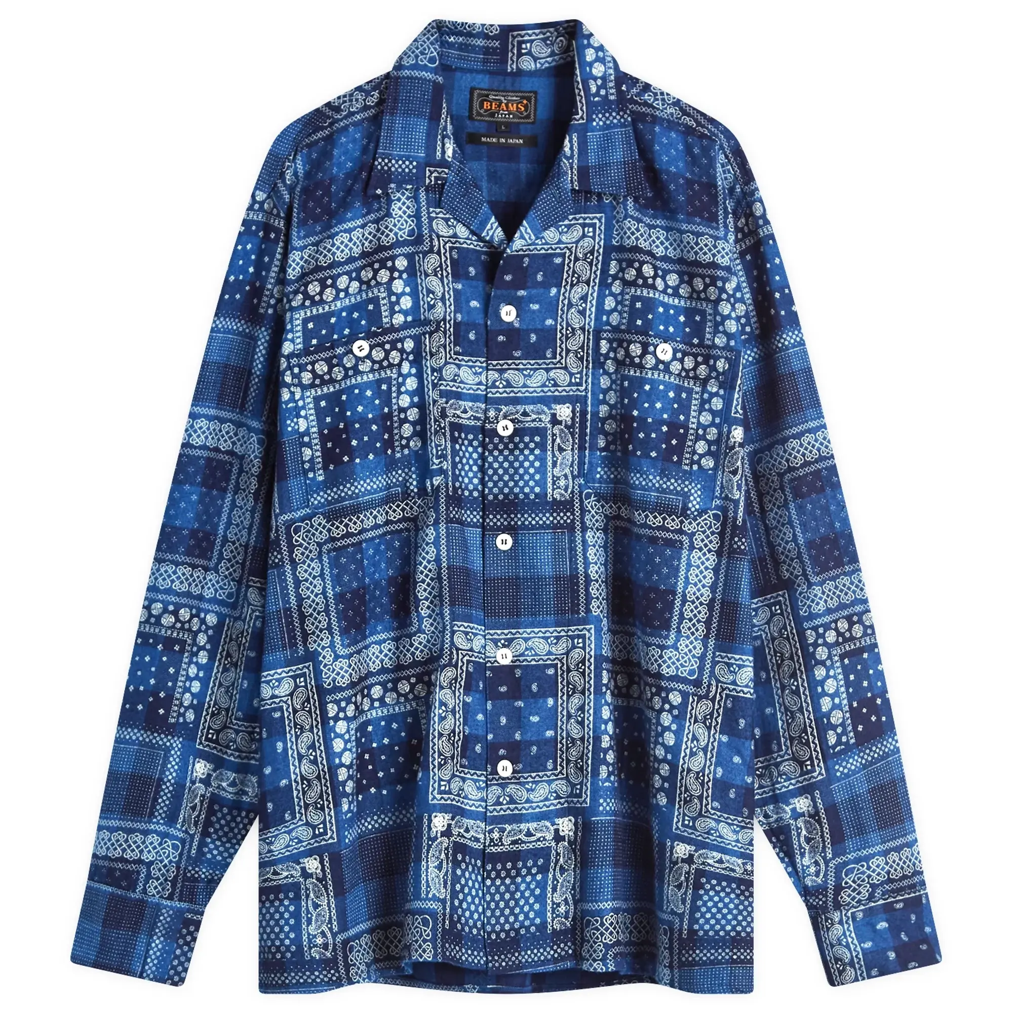Beams Plus Men's Open Collar Print Shirt Indigo